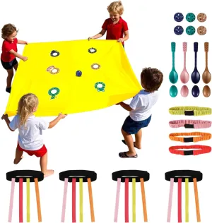 4-in-1 Outdoor Team Challenge Game Set – Includes Hole Tarp Ball Game, Spoon Relay, 3-Legged Race, Tail Tag Game – Party Activity Set for Backyard, Family Gatherings & Team Building