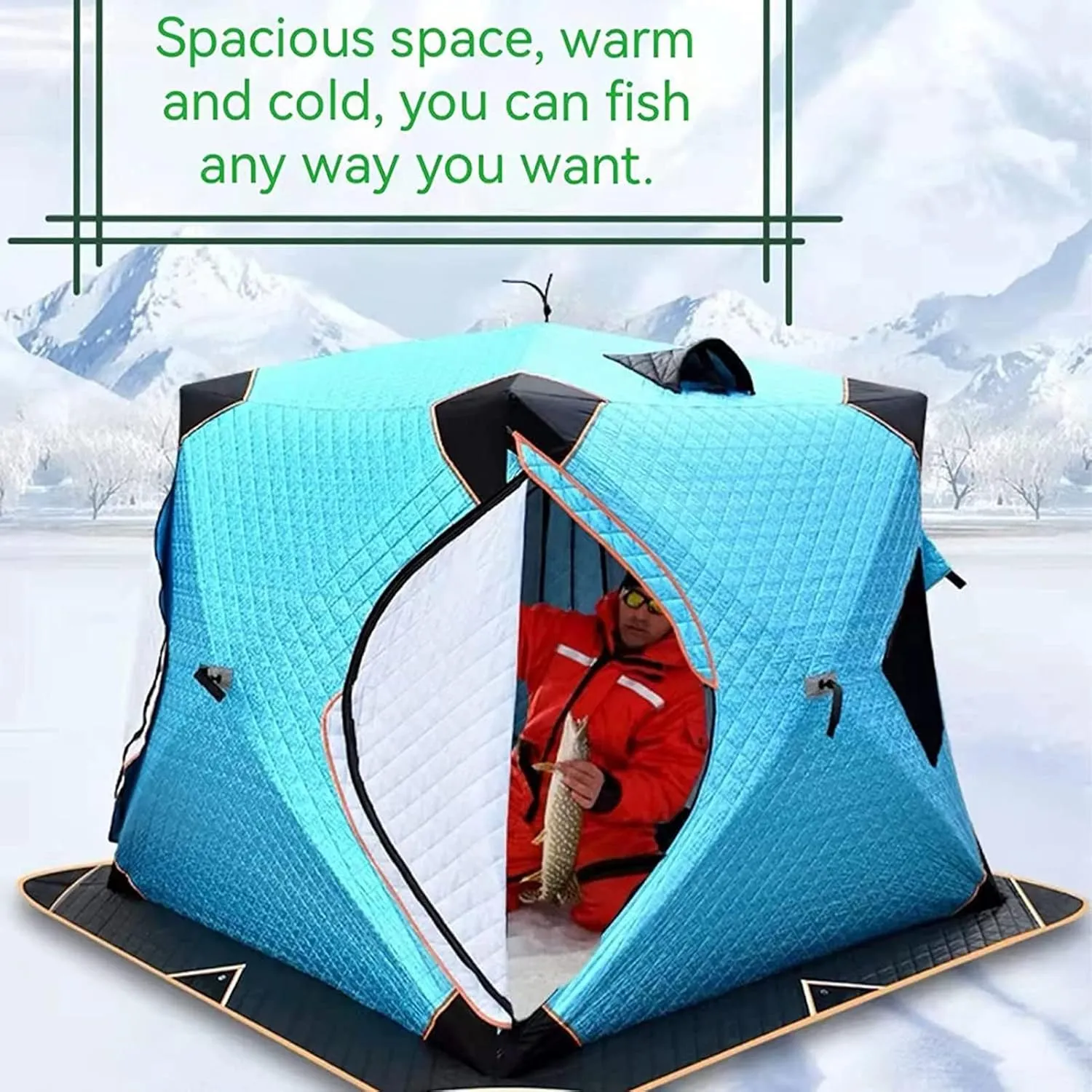 4 Layers Thick Winter Fishing Shelter Cotton Warm Outdoor Camping Automatic Ice Fishing Tent with Pegs (Blue 3~4Person)