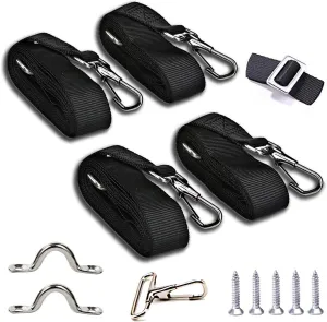 4 Pcs Adjustable Bimini Top Straps Black, Marine Tension Tie Down Webbing Straps with Loop Snap Hooks   Pad Eye,28"~60" Stainless Steel Boat Awning Hardware