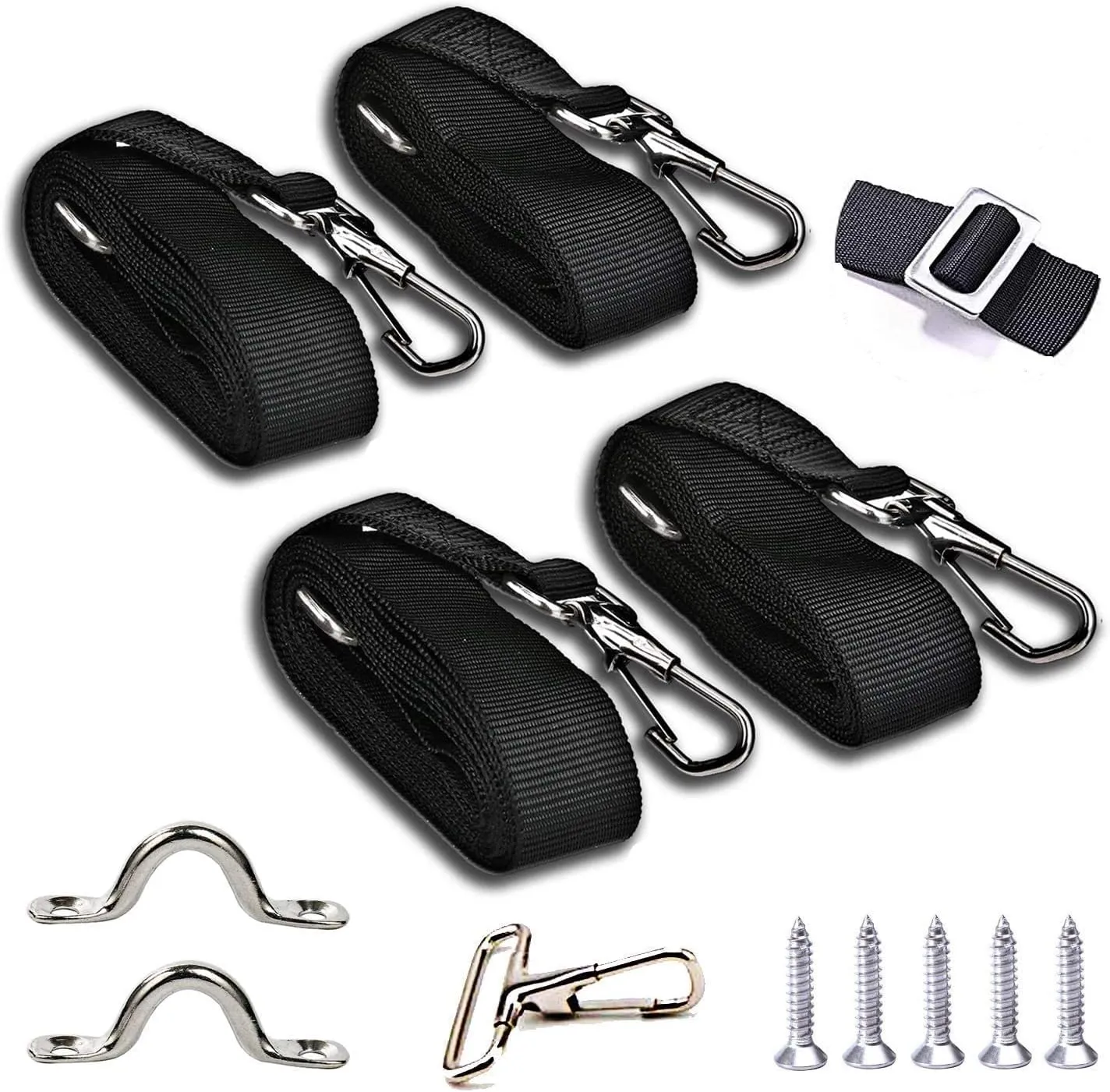 4 Pcs Adjustable Bimini Top Straps Black, Marine Tension Tie Down Webbing Straps with Loop Snap Hooks   Pad Eye,28"~60" Stainless Steel Boat Awning Hardware