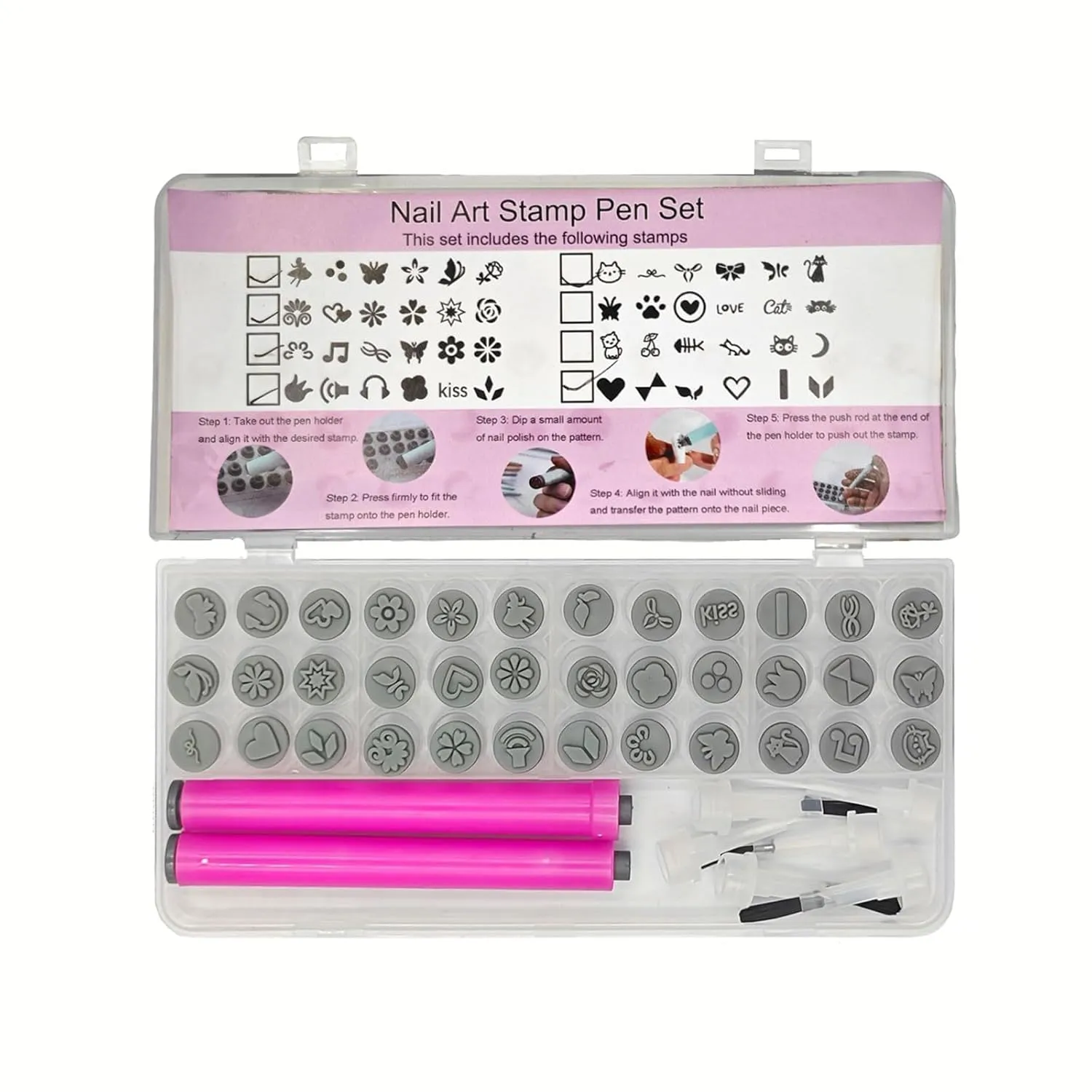 44pcs Nails Art Stamp Pen Set, Containing 36 Kinds Of Nail Stamp Patterns, 1 Stamp Pen, 1 Brush Pen, Three Kinds (Two Of Each Kind) Replaceable Brush Heads, Suitable for DIY Design Nails Set