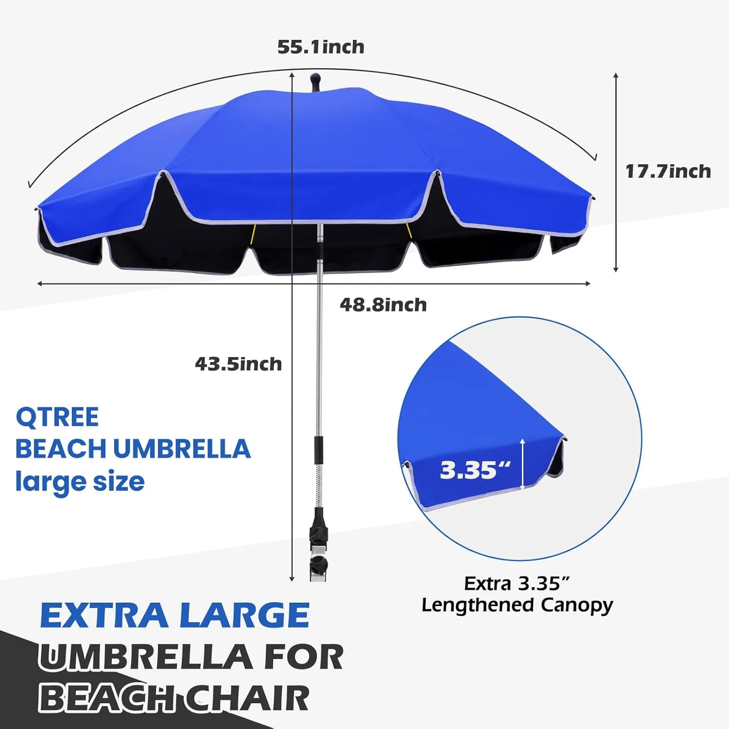 48.8 inch Large Beach Umbrella with Clamp Sun Shade for Beach Chair, 360°Adjustable UV Protection Golf Umbrella with Clip for Outdoor Stroller Wheelchair Camping Chair