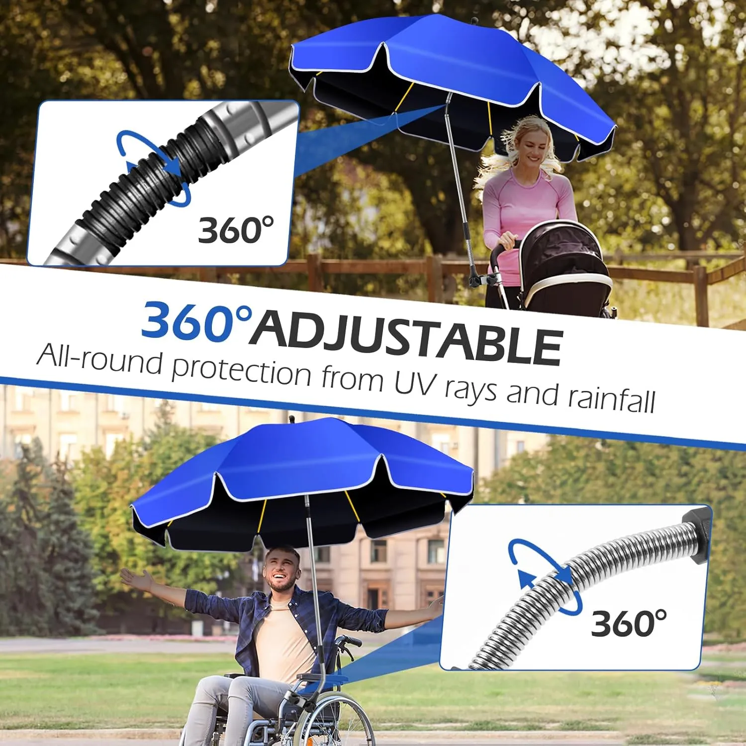 48.8 inch Large Beach Umbrella with Clamp Sun Shade for Beach Chair, 360°Adjustable UV Protection Golf Umbrella with Clip for Outdoor Stroller Wheelchair Camping Chair