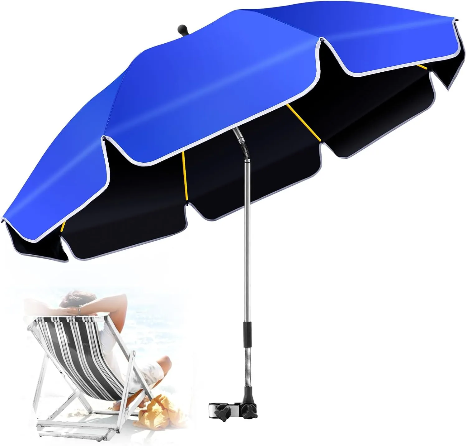 48.8 inch Large Beach Umbrella with Clamp Sun Shade for Beach Chair, 360°Adjustable UV Protection Golf Umbrella with Clip for Outdoor Stroller Wheelchair Camping Chair