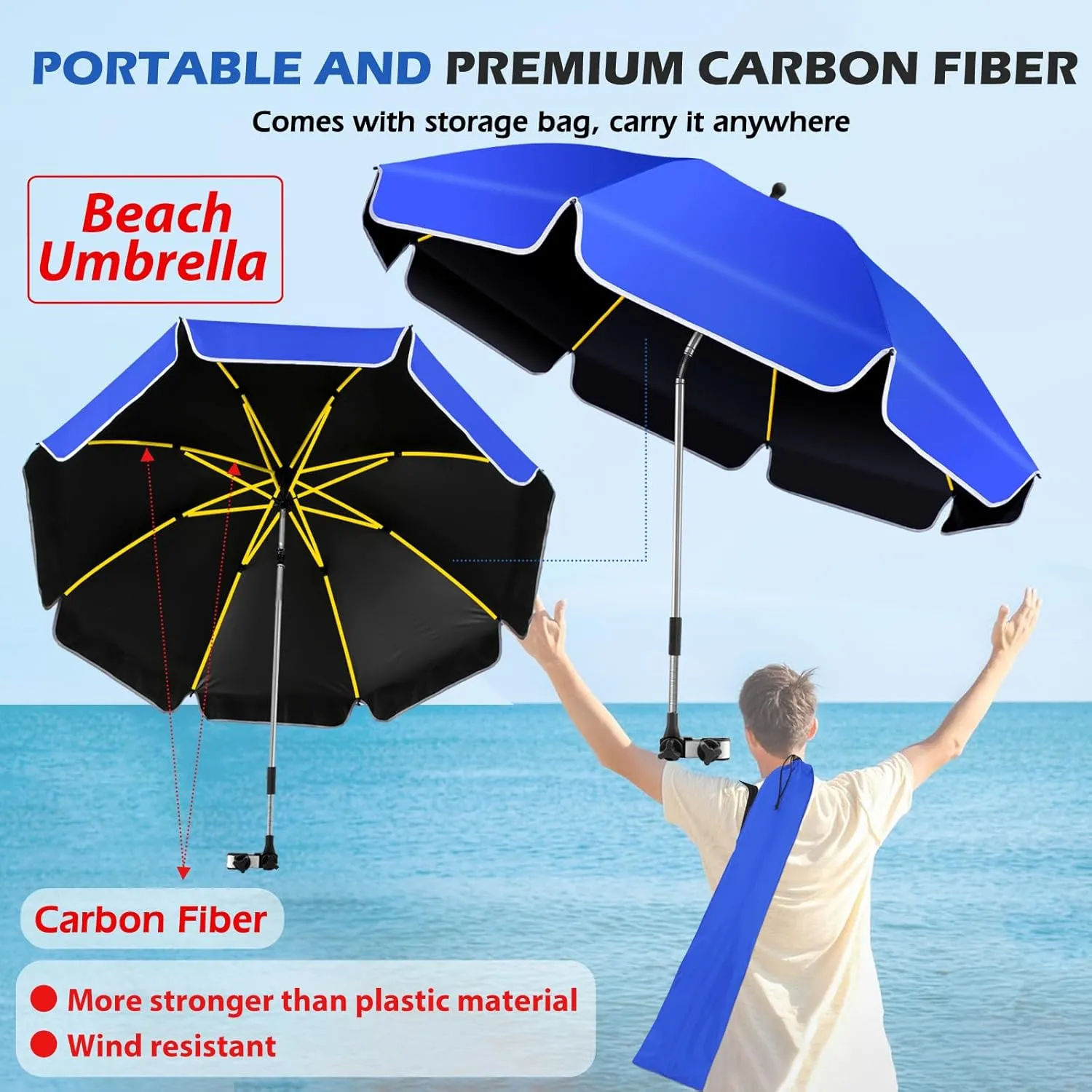 48.8 inch Large Beach Umbrella with Clamp Sun Shade for Beach Chair, 360°Adjustable UV Protection Golf Umbrella with Clip for Outdoor Stroller Wheelchair Camping Chair