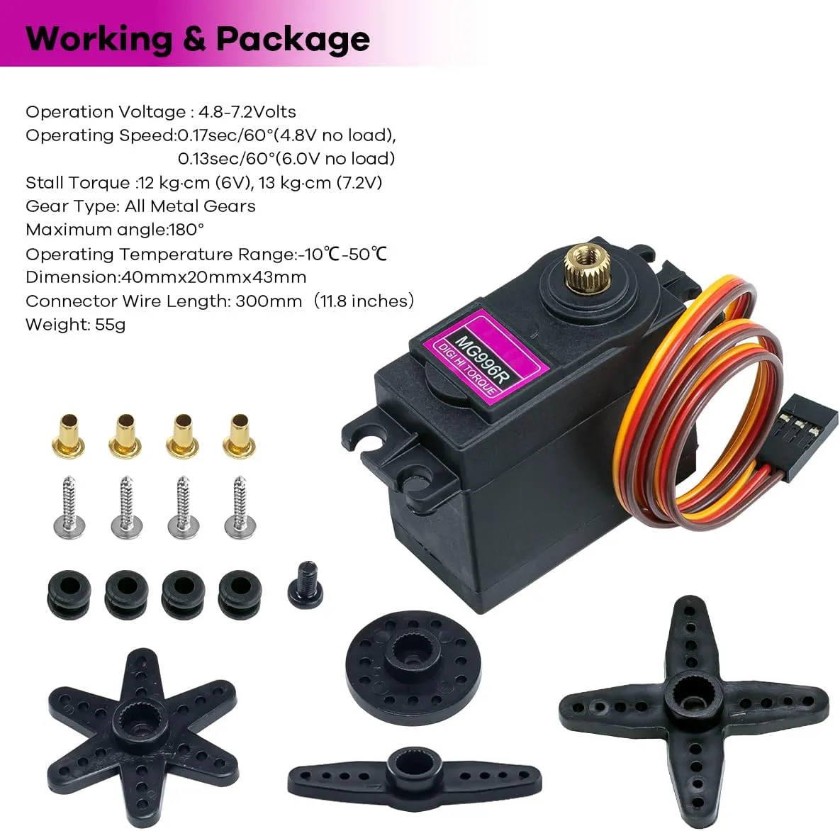 4Pack MG996R 55g Digital RC Servo Motors High Torque Metal Gear Servo for RC Car Robot Boat Helicopter
