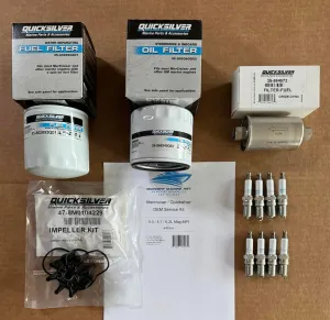 5.0L 5.7L 6.2L MAG MPI 350 w/BRAVO Mercruiser Quicksilver OEM Service Kit; Fuel & Oil Filter(s), Impeller, & AC Delc Spark Plugs - Master kit includes Distributor Cap/Rotor & Plug Wires