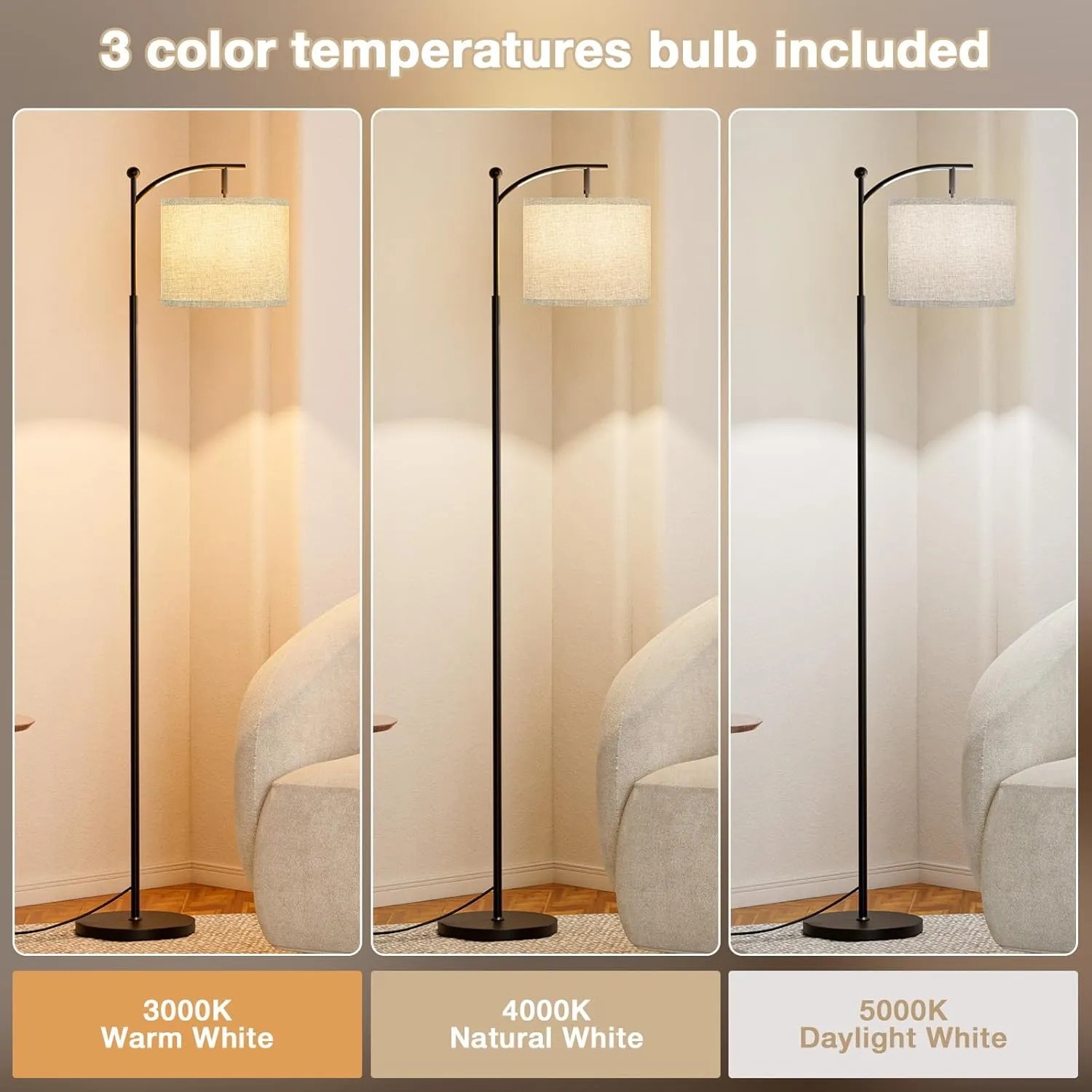60" Floor Lamp With 3 Color Temperatures, Adjustable Grey Shade, Black Pole - Tall Lamp for Living Room, Bedroom, Office, Classroom, Dorm - 9W Bulb Included