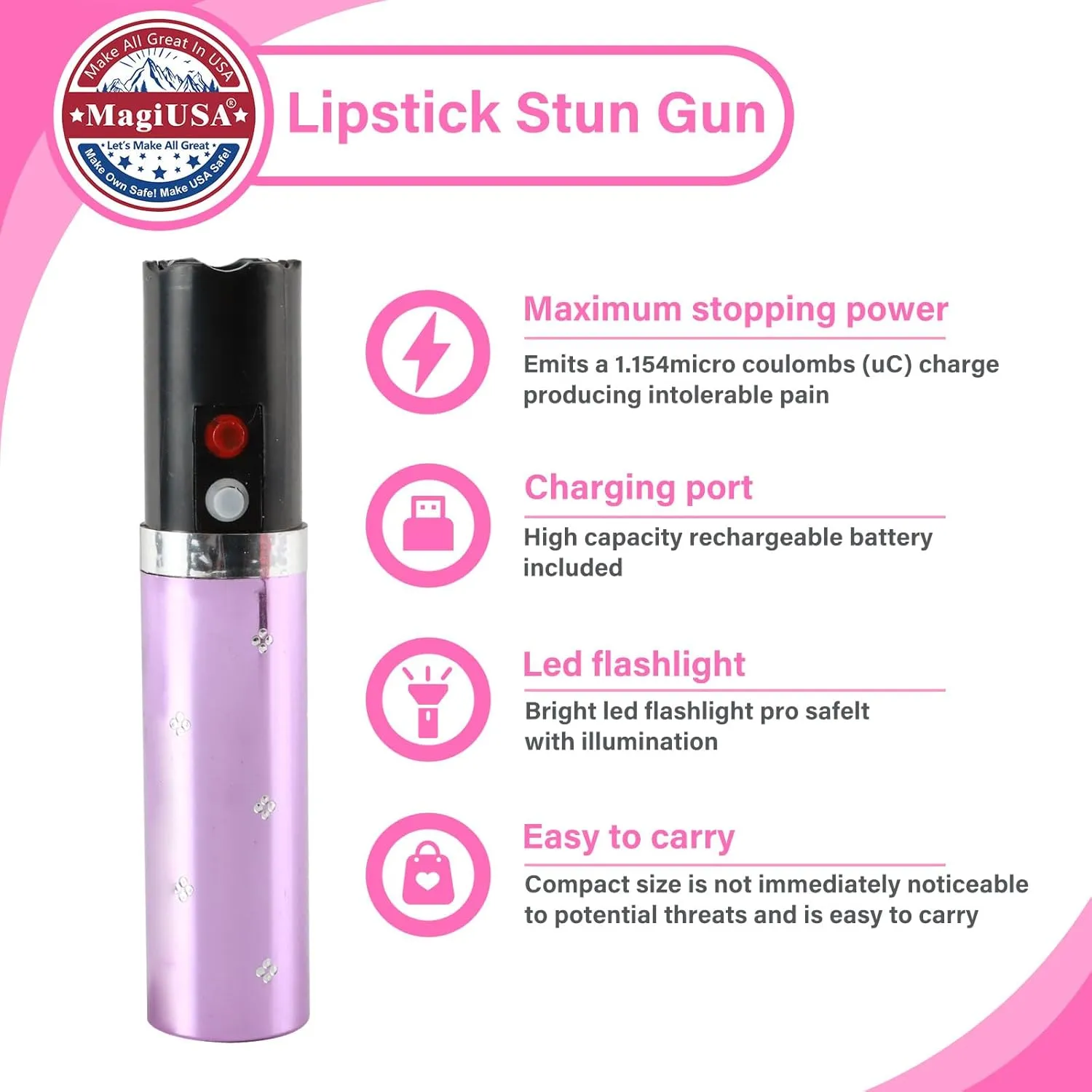 7 Colors MagiUSA Lipstick Stun Device Flashlight Self Defense for Women – Compact Non Less Lethal Safety Keychain Tool Available in – Stylish, Discreet, Gift-Ready, Travel Friendly