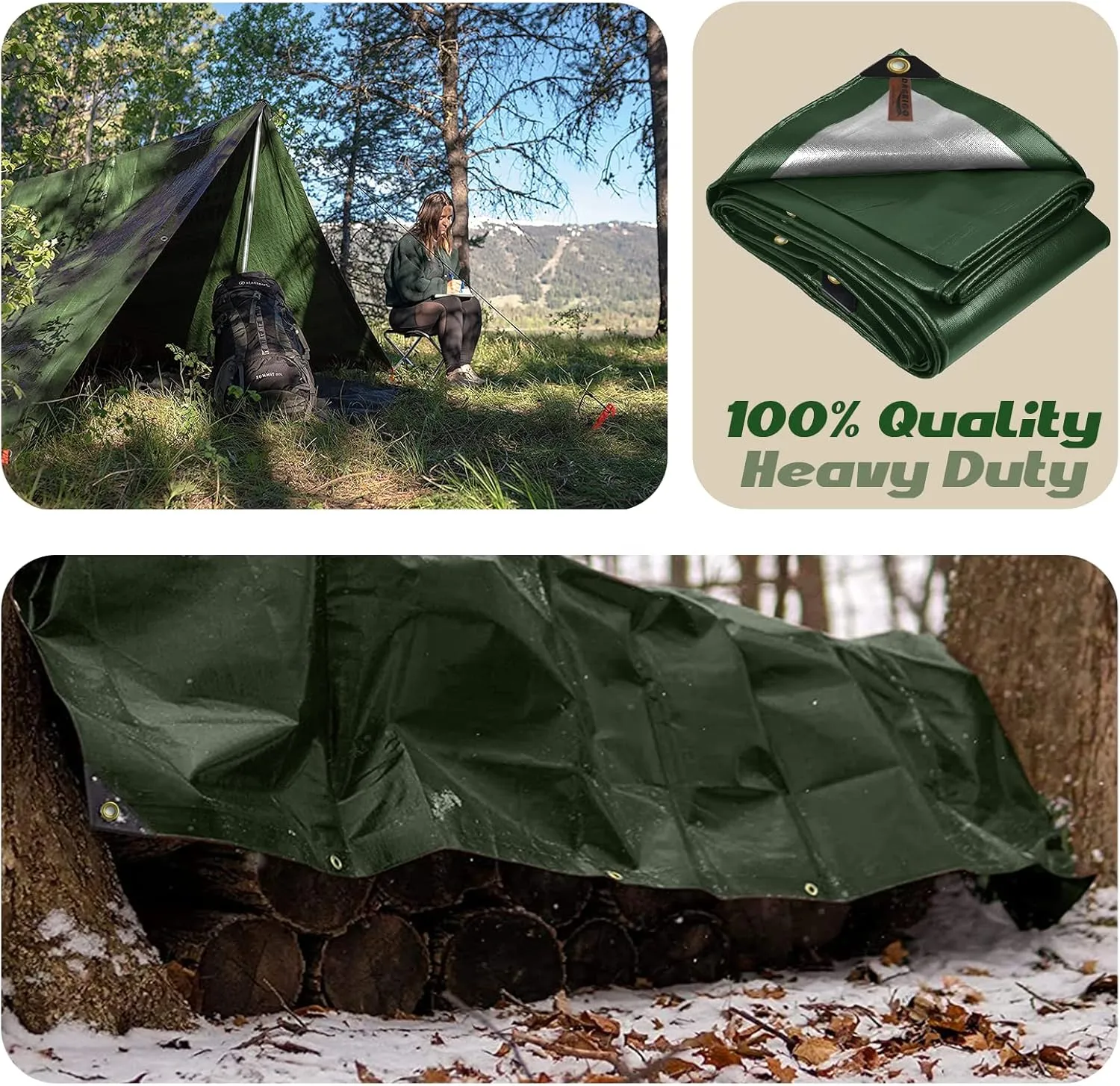 7 x 7Ft Extra Heavy Duty 12 Mil Thick Waterproof Green&Silver Tarp Cover Sheet & 6 Pcs Bungee Balls