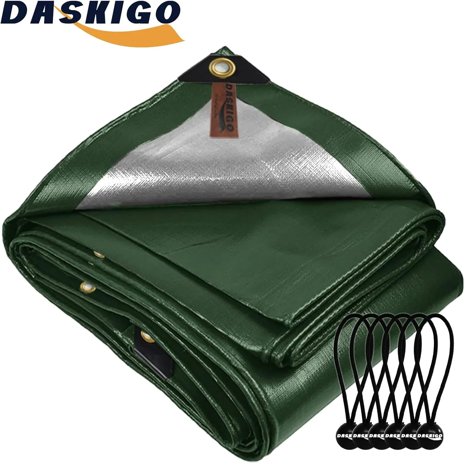 7 x 7Ft Extra Heavy Duty 12 Mil Thick Waterproof Green&Silver Tarp Cover Sheet & 6 Pcs Bungee Balls