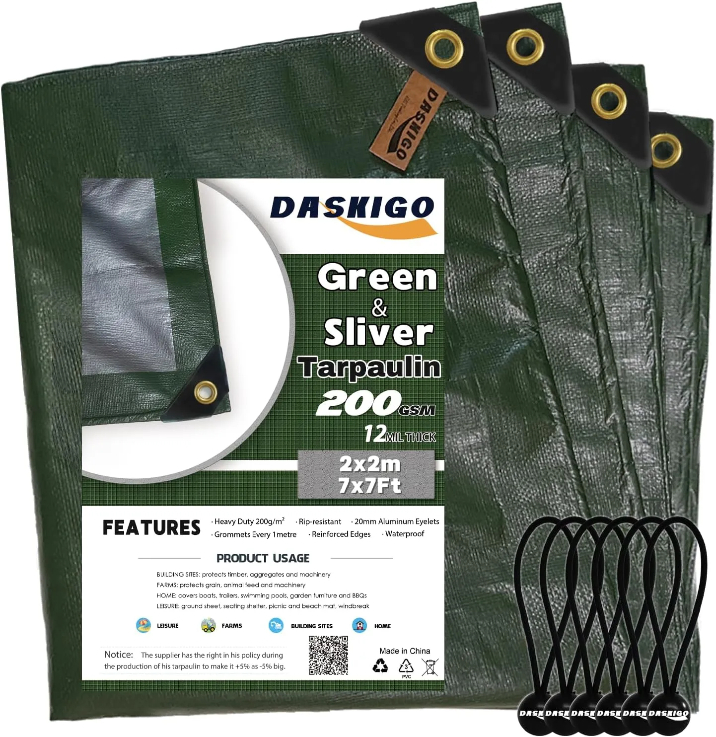 7 x 7Ft Extra Heavy Duty 12 Mil Thick Waterproof Green&Silver Tarp Cover Sheet & 6 Pcs Bungee Balls