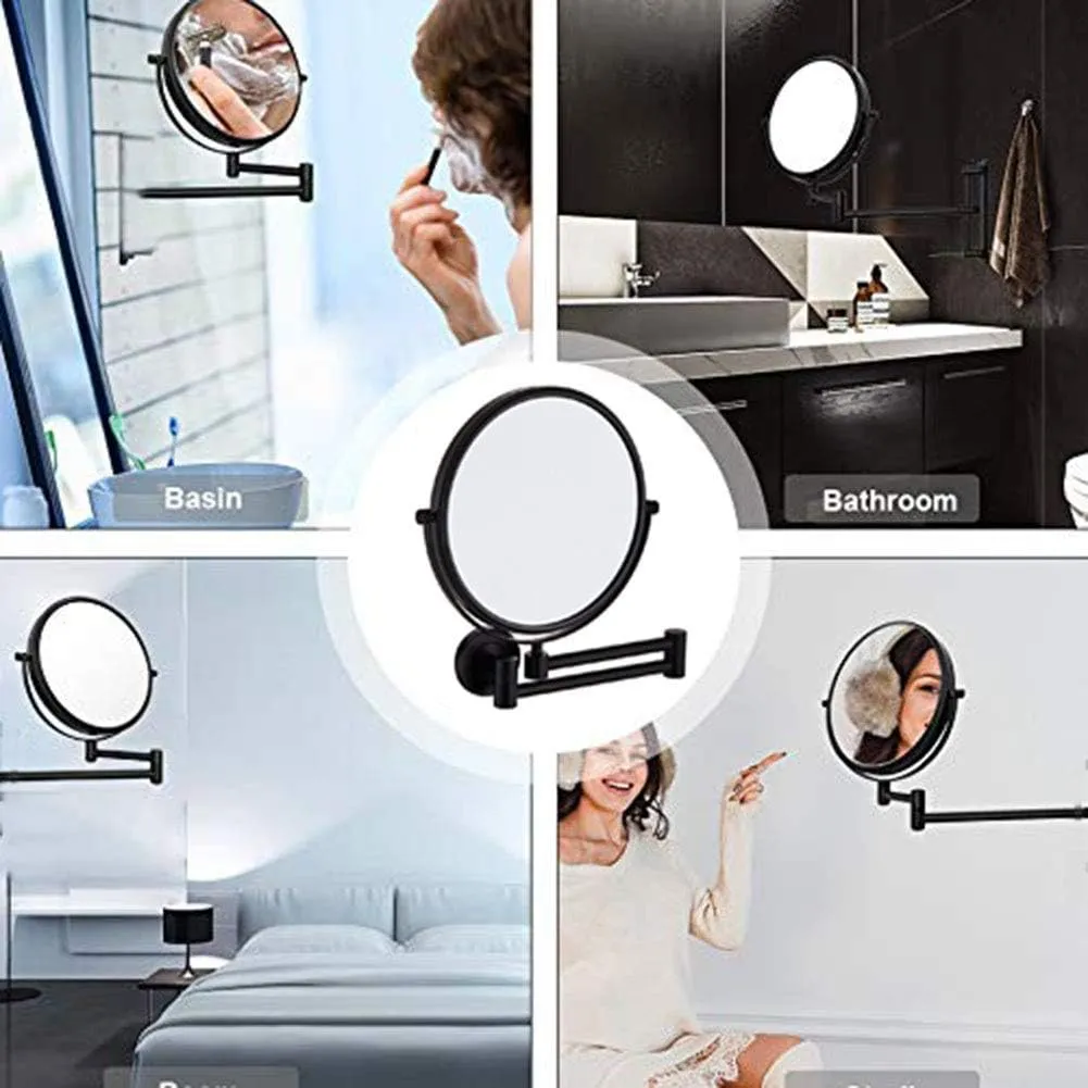8-Inch Wall Mounted Makeup Mirror, Premium Two-Sided Bathroom Vanity Mirror with Magnification, 360 Degree Swivel, Extendable Arm, No Light, for Bathroom Vanity, Round Shape(Matte Black,7X)
