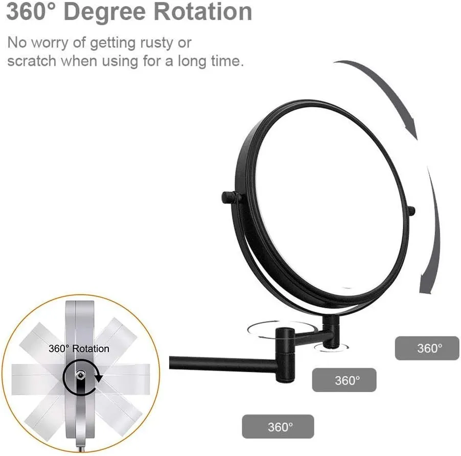 8-Inch Wall Mounted Makeup Mirror, Premium Two-Sided Bathroom Vanity Mirror with Magnification, 360 Degree Swivel, Extendable Arm, No Light, for Bathroom Vanity, Round Shape(Matte Black,7X)