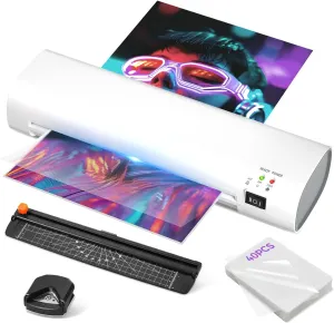 9 Inch Laminator Machine with Never Jam Technology, 40 Laminating Sheets, 4-in-1 A4 Thermal Laminator with Trimmer and Corner Rounder for Office, School, Business and Home Use - White
