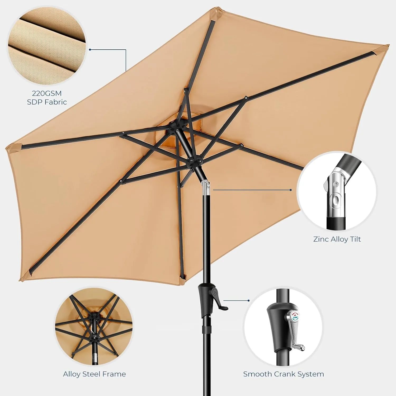 9ft Outdoor Patio Umbrella - Market Table Pool Deck Umbrella UPF50  UV Protection with Push Button Tilt, Crank and 8 Sturdy Ribs (Beige, No base)