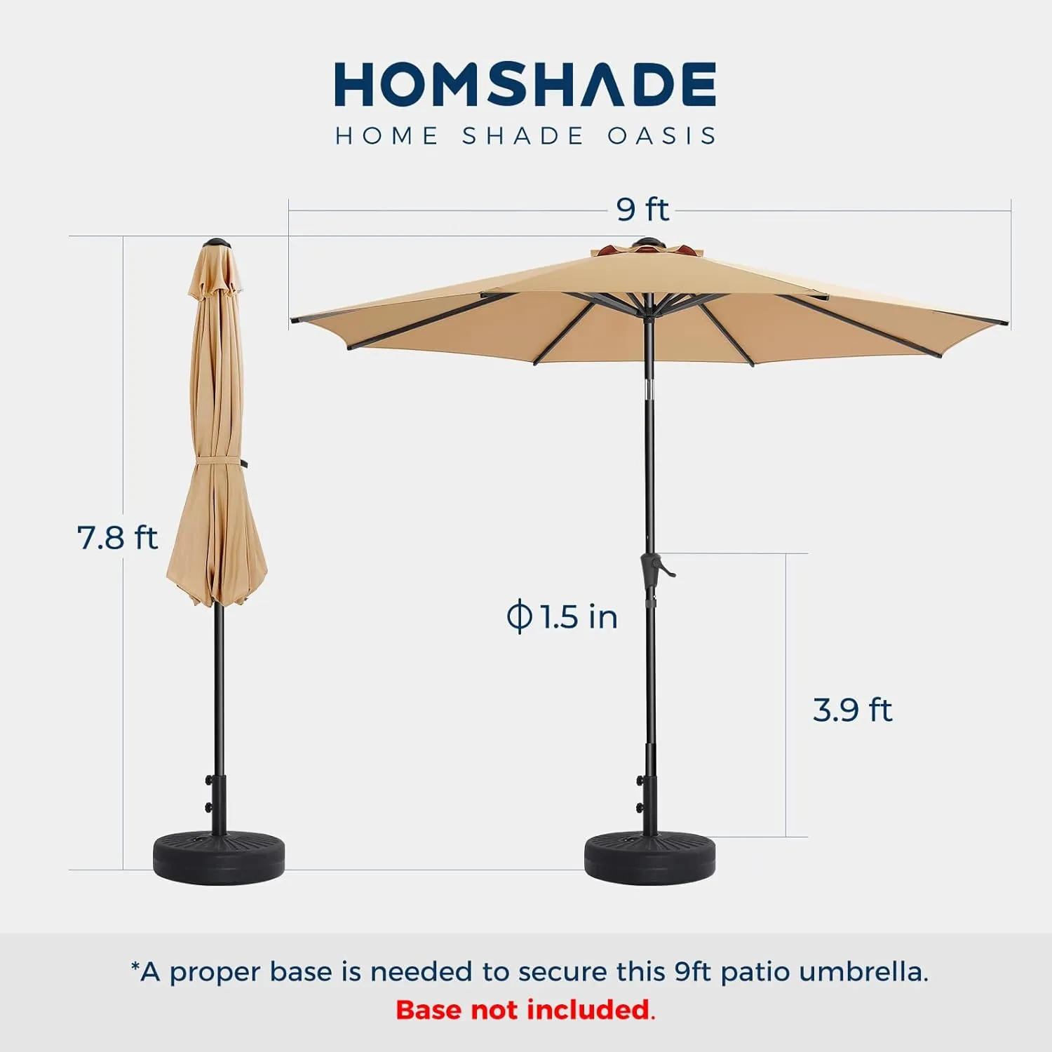 9ft Outdoor Patio Umbrella - Market Table Pool Deck Umbrella UPF50  UV Protection with Push Button Tilt, Crank and 8 Sturdy Ribs (Beige, No base)