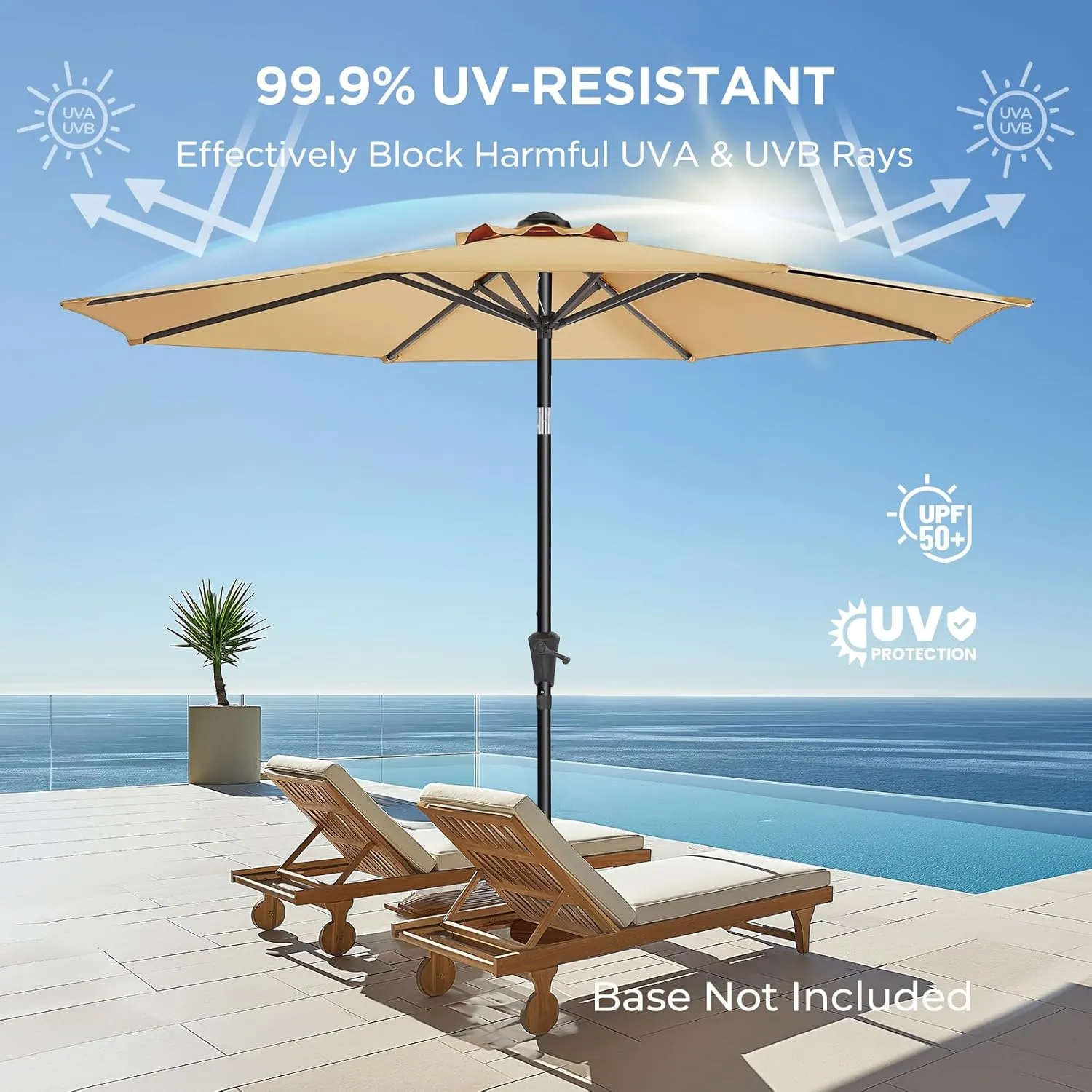 9ft Outdoor Patio Umbrella - Market Table Pool Deck Umbrella UPF50  UV Protection with Push Button Tilt, Crank and 8 Sturdy Ribs (Beige, No base)