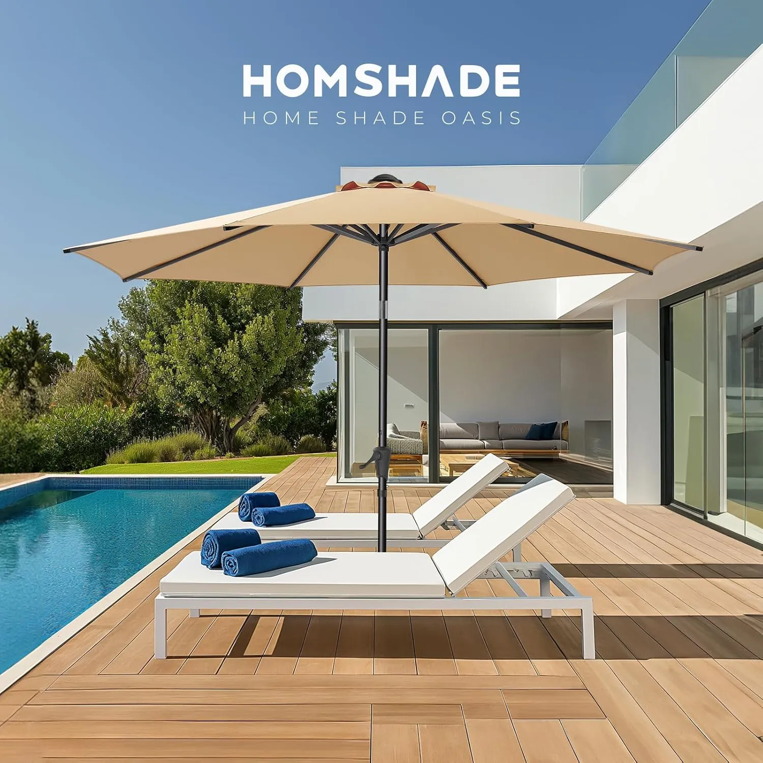 9ft Outdoor Patio Umbrella - Market Table Pool Deck Umbrella UPF50  UV Protection with Push Button Tilt, Crank and 8 Sturdy Ribs (Beige, No base)