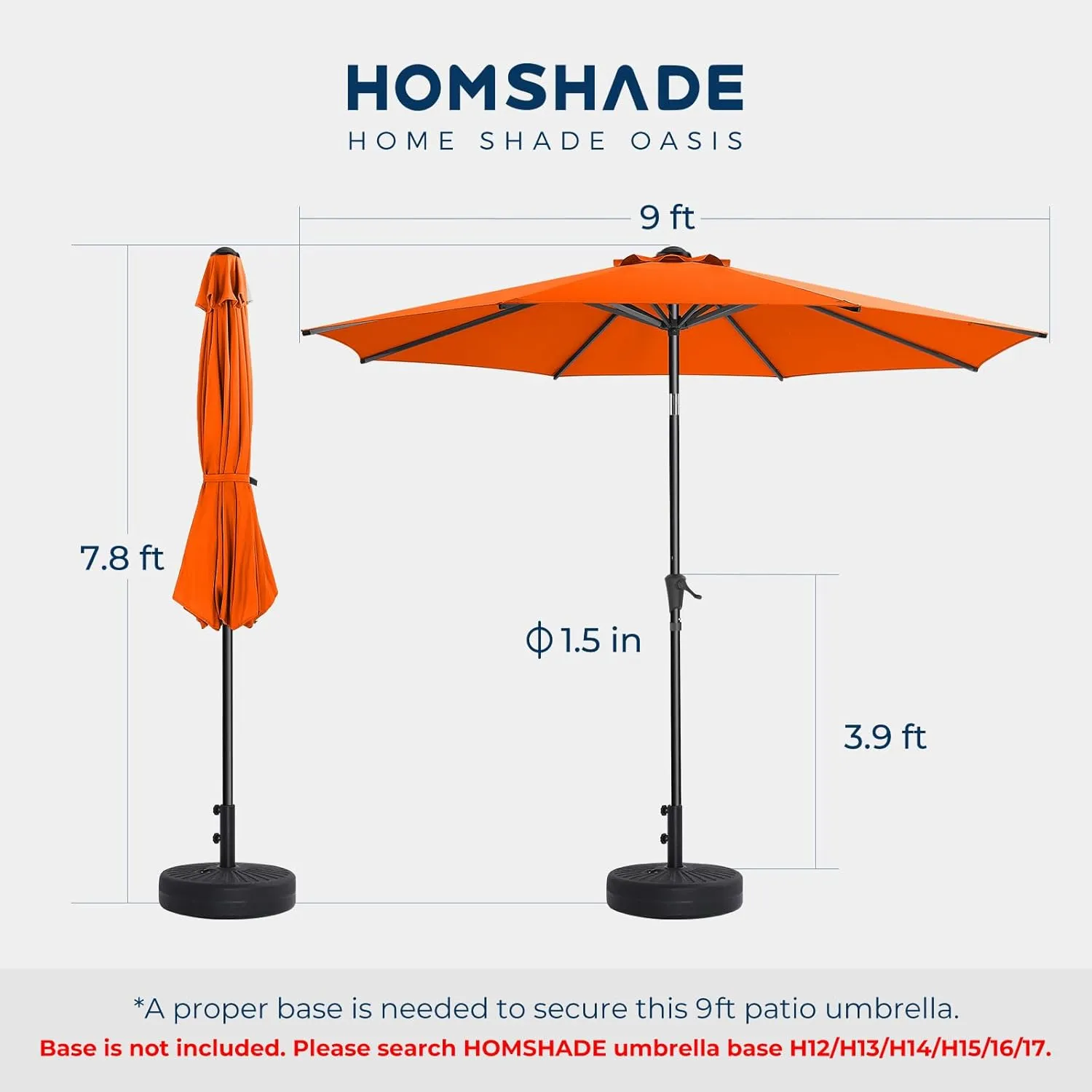 9ft Outdoor Patio Umbrella - Market Table Pool Deck Umbrella UPF50  UV Protection with Push Button Tilt, Crank and 8 Sturdy Ribs (Neon Orange, No base)