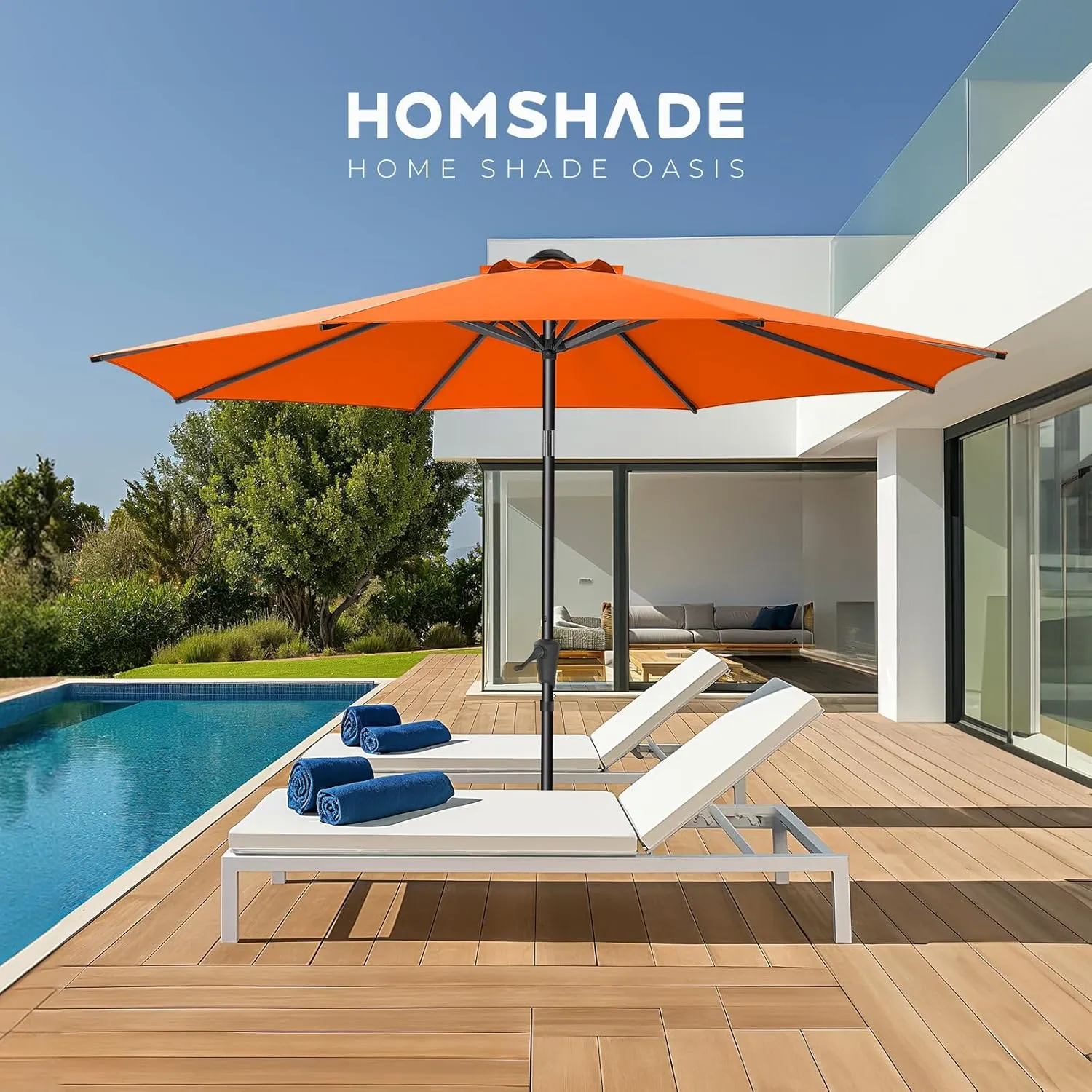 9ft Outdoor Patio Umbrella - Market Table Pool Deck Umbrella UPF50  UV Protection with Push Button Tilt, Crank and 8 Sturdy Ribs (Neon Orange, No base)