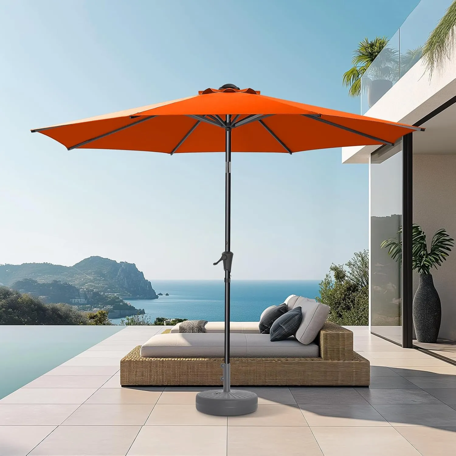 9ft Outdoor Patio Umbrella - Market Table Pool Deck Umbrella UPF50  UV Protection with Push Button Tilt, Crank and 8 Sturdy Ribs (Neon Orange, No base)