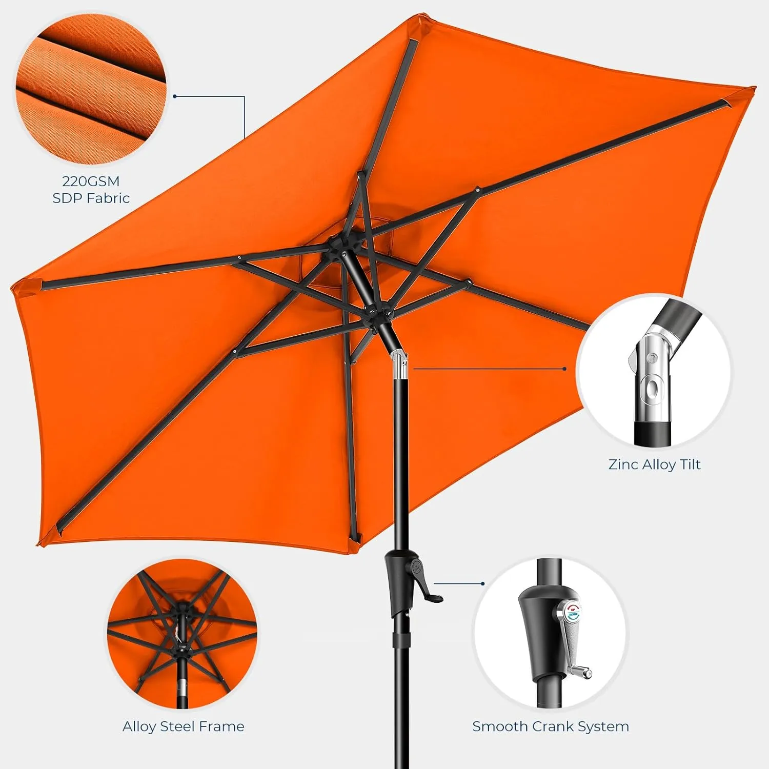 9ft Outdoor Patio Umbrella - Market Table Pool Deck Umbrella UPF50  UV Protection with Push Button Tilt, Crank and 8 Sturdy Ribs (Neon Orange, No base)