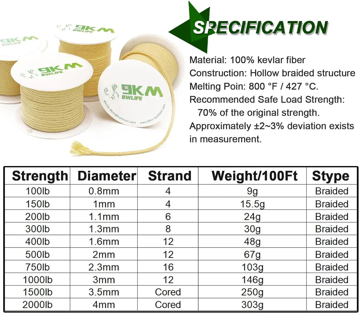 9KM DWLIFE Braided Kevlar Cord, 100lb~2000lb, High Tensile Strength, Abrasion, Flame Retardant, Kite String, Fishing Line, Model Rocket Shock, Hammock Tarp Ridgeline, Tactical Survival Paracord