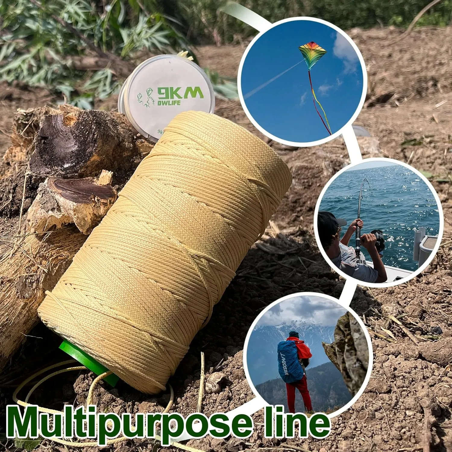 9KM DWLIFE Braided Kevlar Cord, 100lb~2000lb, High Tensile Strength, Abrasion, Flame Retardant, Kite String, Fishing Line, Model Rocket Shock, Hammock Tarp Ridgeline, Tactical Survival Paracord
