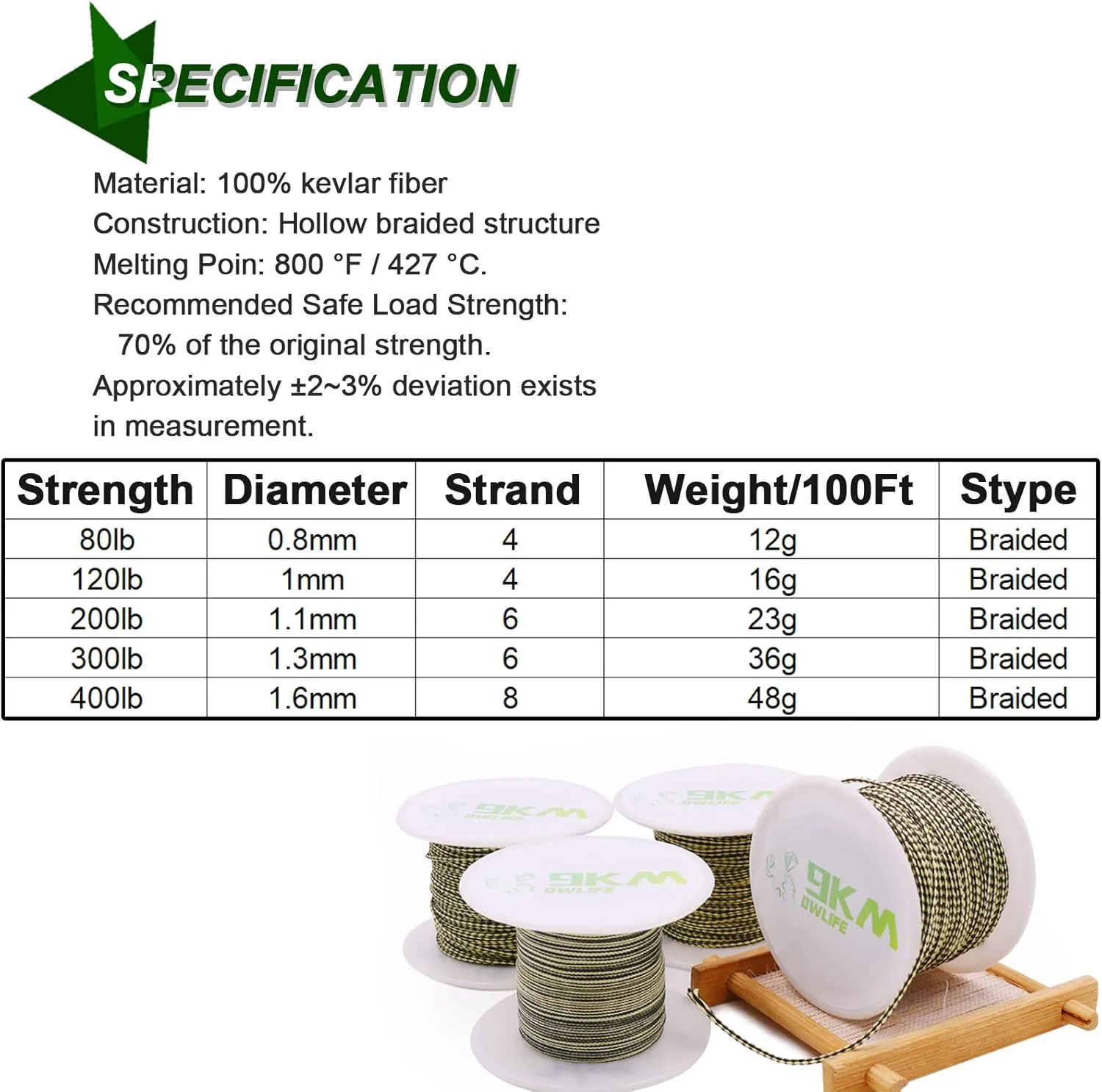 9KM DWLIFE Kevlar Line, High Strength, Abrasion Resistance, Flame Retardant, Fishing Assist Cord, Kite String, Model Rocket Shock, Hammock Tarp Ridgeline, Tactical Survival
