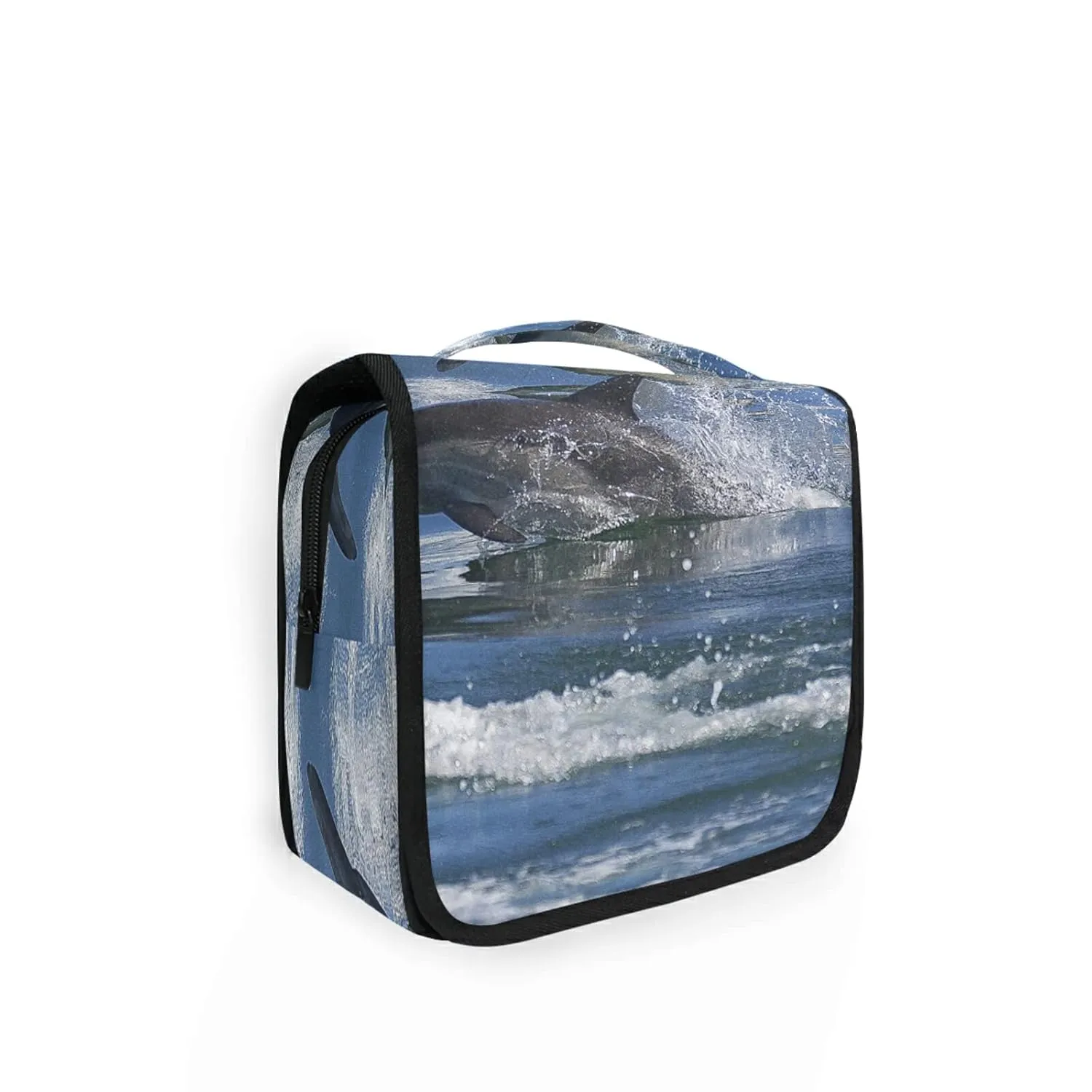 A Group of Dolphins with Long Beaks Jumped out of the Water Travel Cosmetic Bag, Hanging Toiletry Wash bag, Portable Makeup Organizer Brush Case, Storage Bag with Hook for Bathroom Toilet
