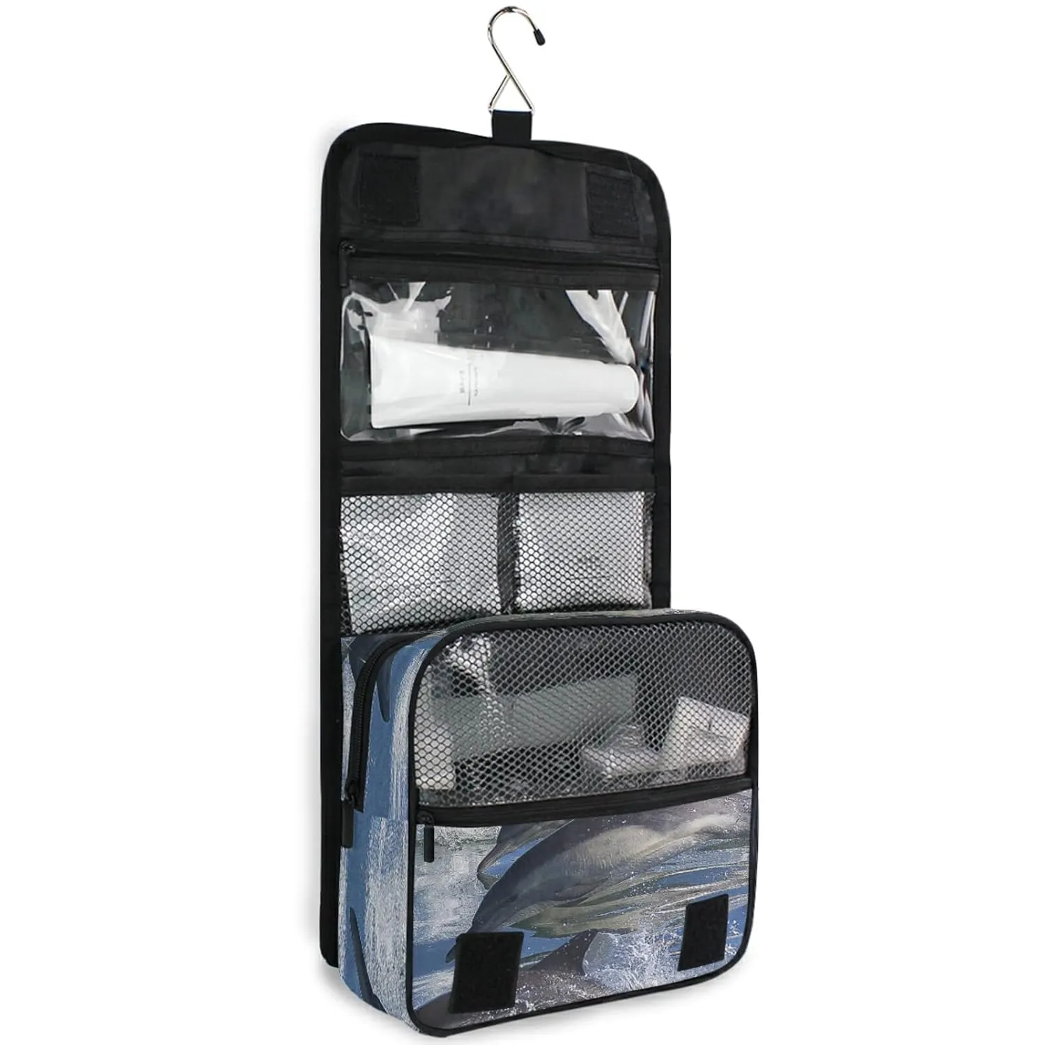 A Group of Dolphins with Long Beaks Jumped out of the Water Travel Cosmetic Bag, Hanging Toiletry Wash bag, Portable Makeup Organizer Brush Case, Storage Bag with Hook for Bathroom Toilet