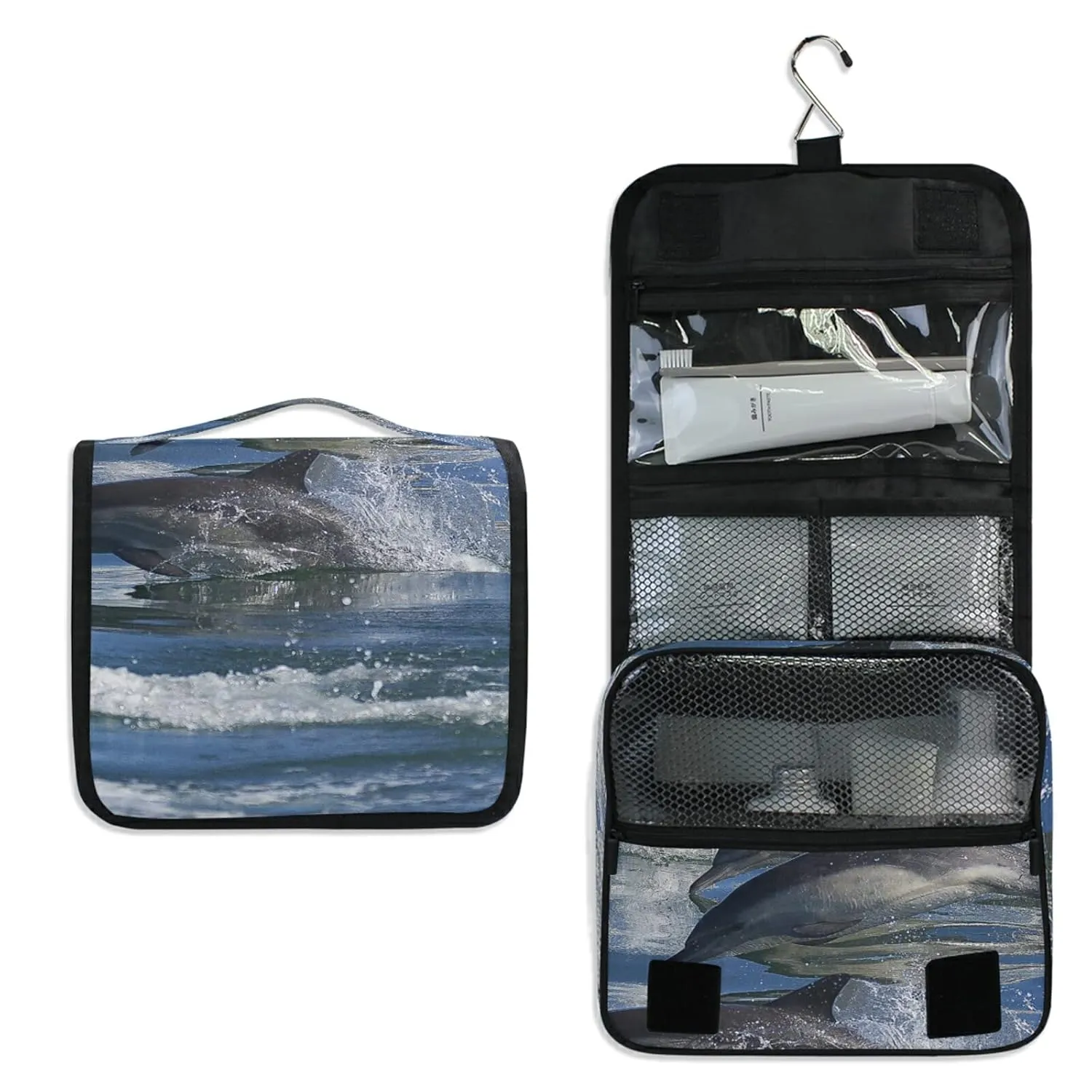 A Group of Dolphins with Long Beaks Jumped out of the Water Travel Cosmetic Bag, Hanging Toiletry Wash bag, Portable Makeup Organizer Brush Case, Storage Bag with Hook for Bathroom Toilet