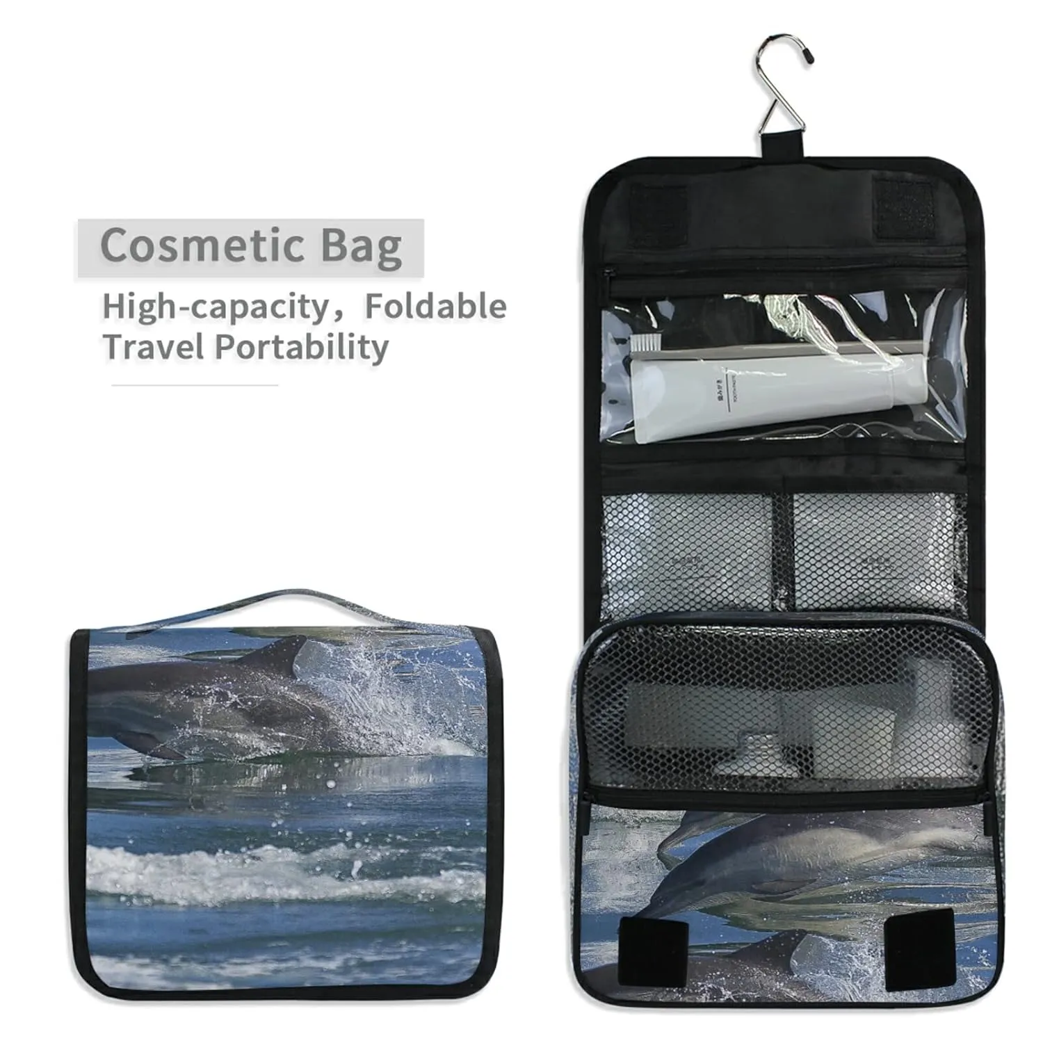A Group of Dolphins with Long Beaks Jumped out of the Water Travel Cosmetic Bag, Hanging Toiletry Wash bag, Portable Makeup Organizer Brush Case, Storage Bag with Hook for Bathroom Toilet