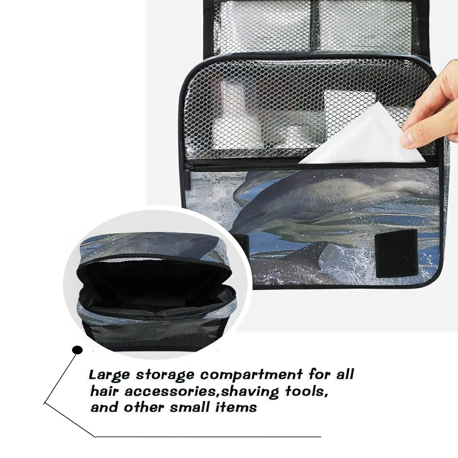 A Group of Dolphins with Long Beaks Jumped out of the Water Travel Cosmetic Bag, Hanging Toiletry Wash bag, Portable Makeup Organizer Brush Case, Storage Bag with Hook for Bathroom Toilet