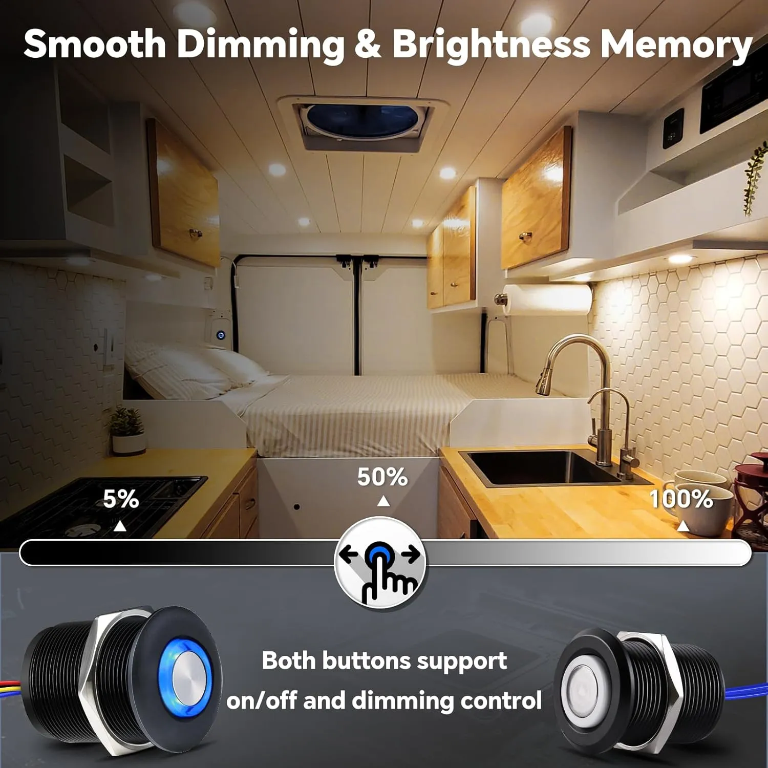 Acegoo RV 3 Way Dimmer Kit DC12V All-Aluminum 3-Way Dimming Switch for Boat Motorhome Camper Van Trailer Truck Car LED Strip Light, Multi Location On/Off/Dimming Switch, DC12-24V 6Amps (Black)