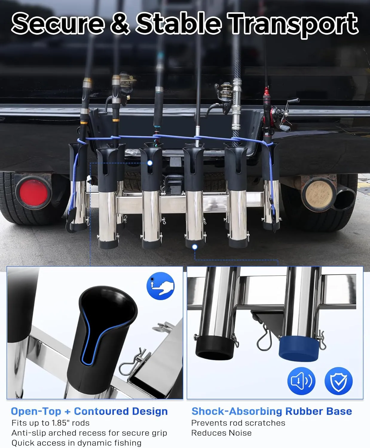 Adjustable Fishing Rod Holder for Truck 2" Hitch Receivers – Holds 6-10 Rods, 3 Angles, Quick Release, Anti-Shake Elastic Straps, Stainless Steel Fishing Pole Holder for Truck