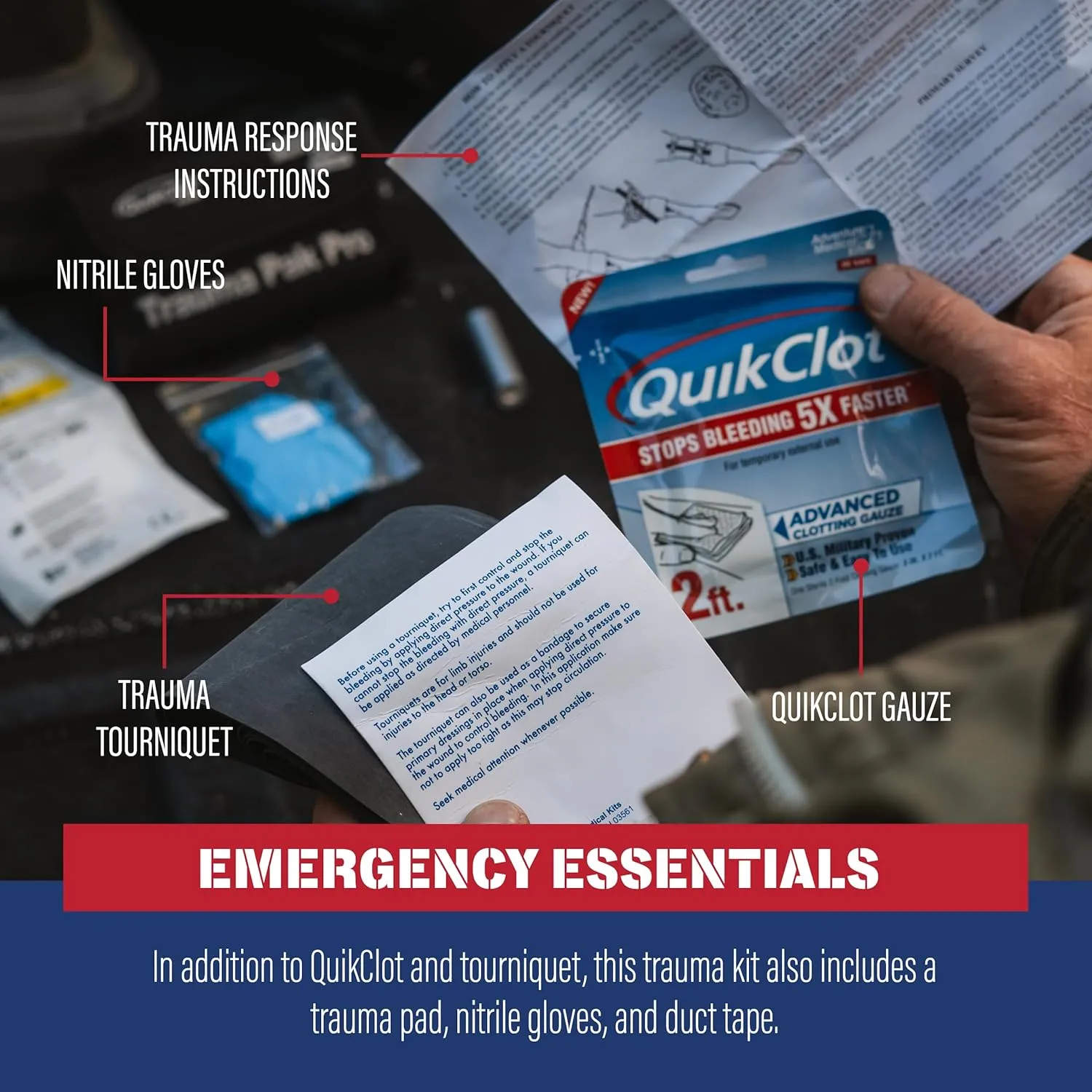 Adventure Medical Kits Trauma Pak Pro with Quikclot & Trauma Tourniquet - First Aid Emergency Kit with Tourniquet, QuikClot Flexible Gauze, Nitrile Gloves & More - Stops Bleeding Fast with Kaolin