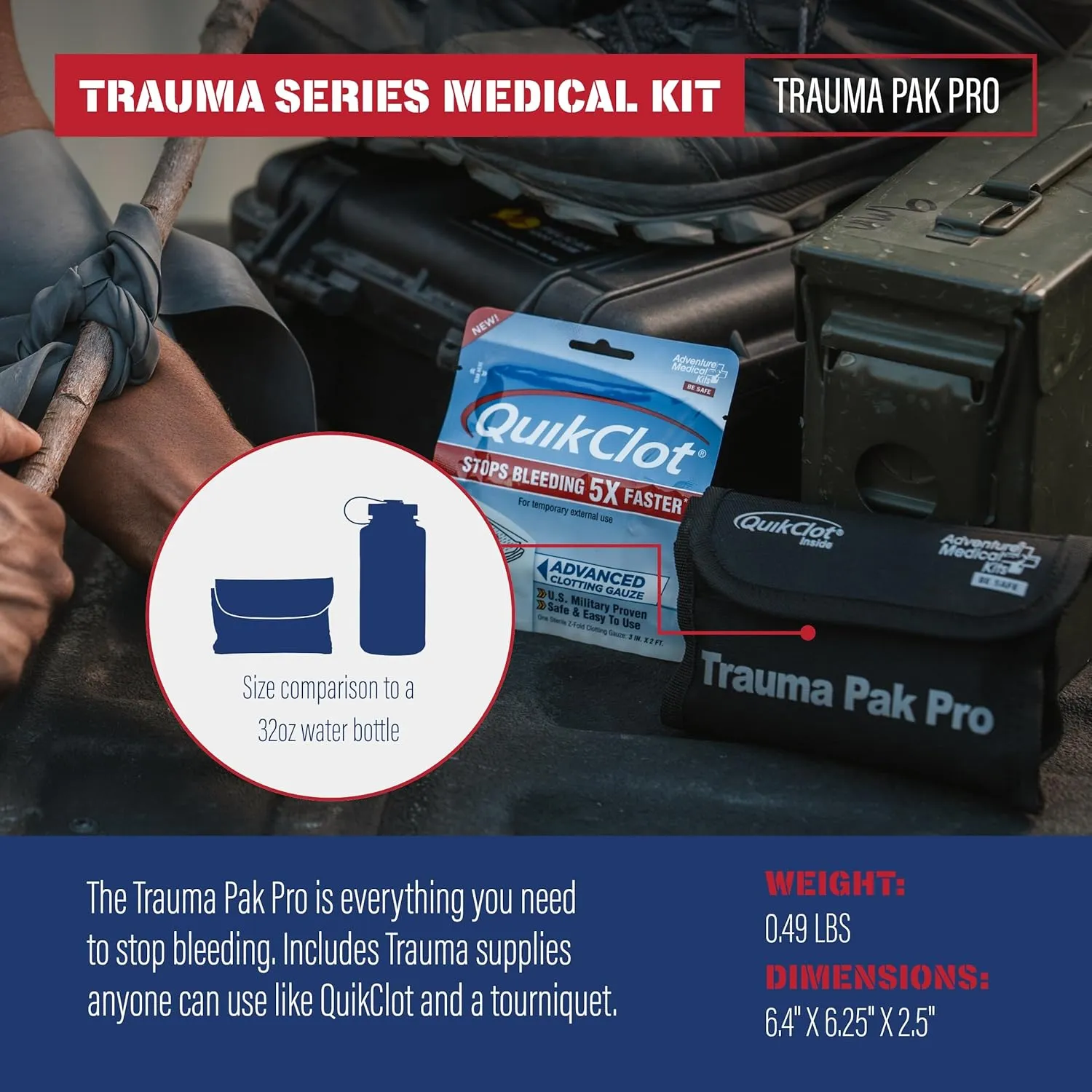 Adventure Medical Kits Trauma Pak Pro with Quikclot & Trauma Tourniquet - First Aid Emergency Kit with Tourniquet, QuikClot Flexible Gauze, Nitrile Gloves & More - Stops Bleeding Fast with Kaolin