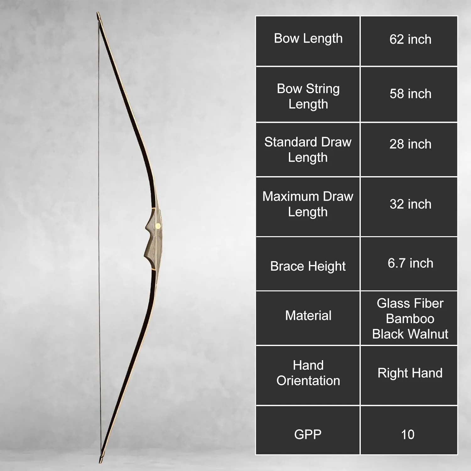 AF Archery Longbow Set, 62" Right Hand Premium Hunting Bow Kit for Archery Enthusiasts, Ergonomic Design All-in-One Longbow