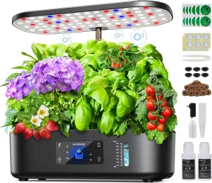 Ahopegarden Hydroponics Growing System Kit Indoor Herb Garden with Grow Light 12 Pods, with LCD Touch Panel Hydroponic Planter, Planting Height Up to 17", Grower Harvest Fresh Veggie Lettuce, Black