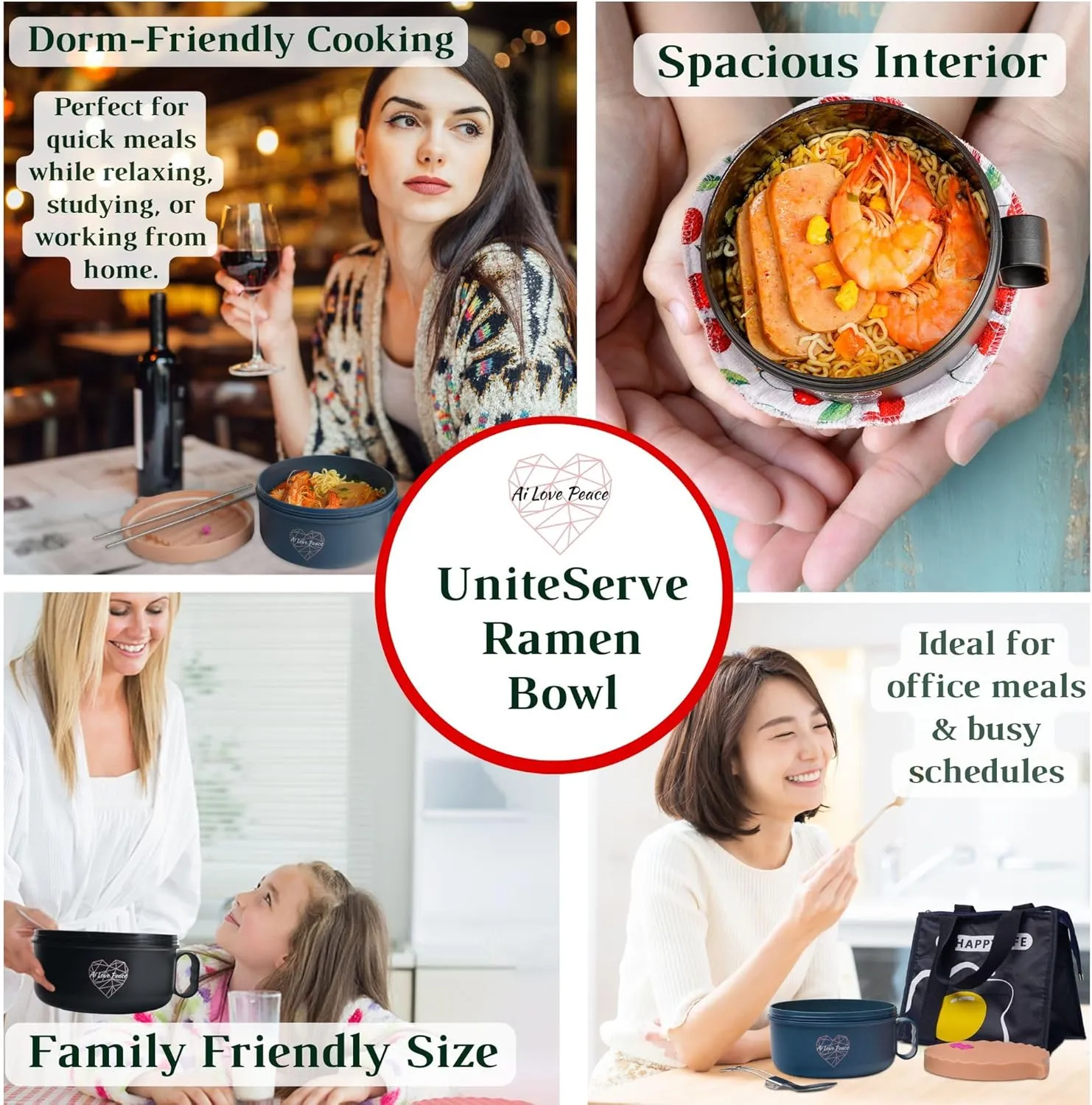 AI LOVE PEACE Ramen Bowl, 40 oz Microwaveable Noodle Cooker for Ramen, Pho, Soup, and Pasta, Dishwasher Safe and Portable, Ideal for Home, Office, Dorm, or Gift (Pink)