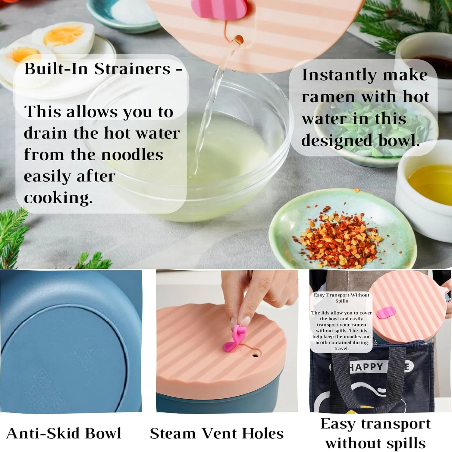 AI LOVE PEACE Ramen Bowl, 40 oz Microwaveable Noodle Cooker for Ramen, Pho, Soup, and Pasta, Dishwasher Safe and Portable, Ideal for Home, Office, Dorm, or Gift (Pink)