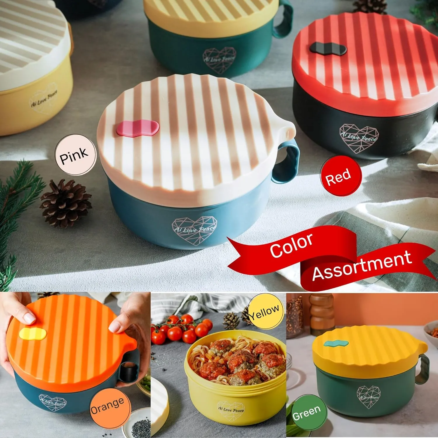 AI LOVE PEACE Ramen Bowl, 40 oz Microwaveable Noodle Cooker for Ramen, Pho, Soup, and Pasta, Dishwasher Safe and Portable, Ideal for Home, Office, Dorm, or Gift (Pink)