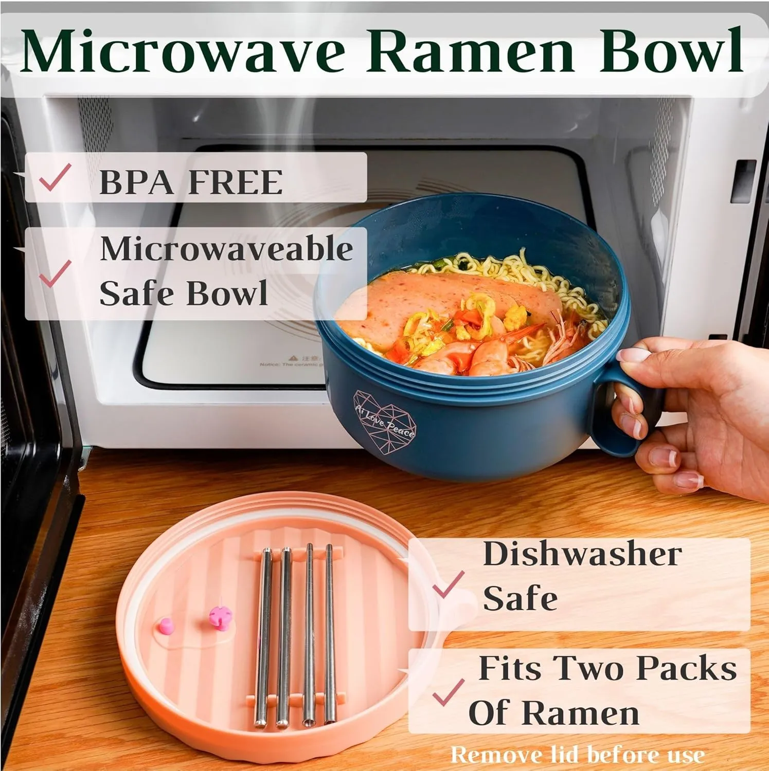 AI LOVE PEACE Ramen Bowl, 40 oz Microwaveable Noodle Cooker for Ramen, Pho, Soup, and Pasta, Dishwasher Safe and Portable, Ideal for Home, Office, Dorm, or Gift (Pink)