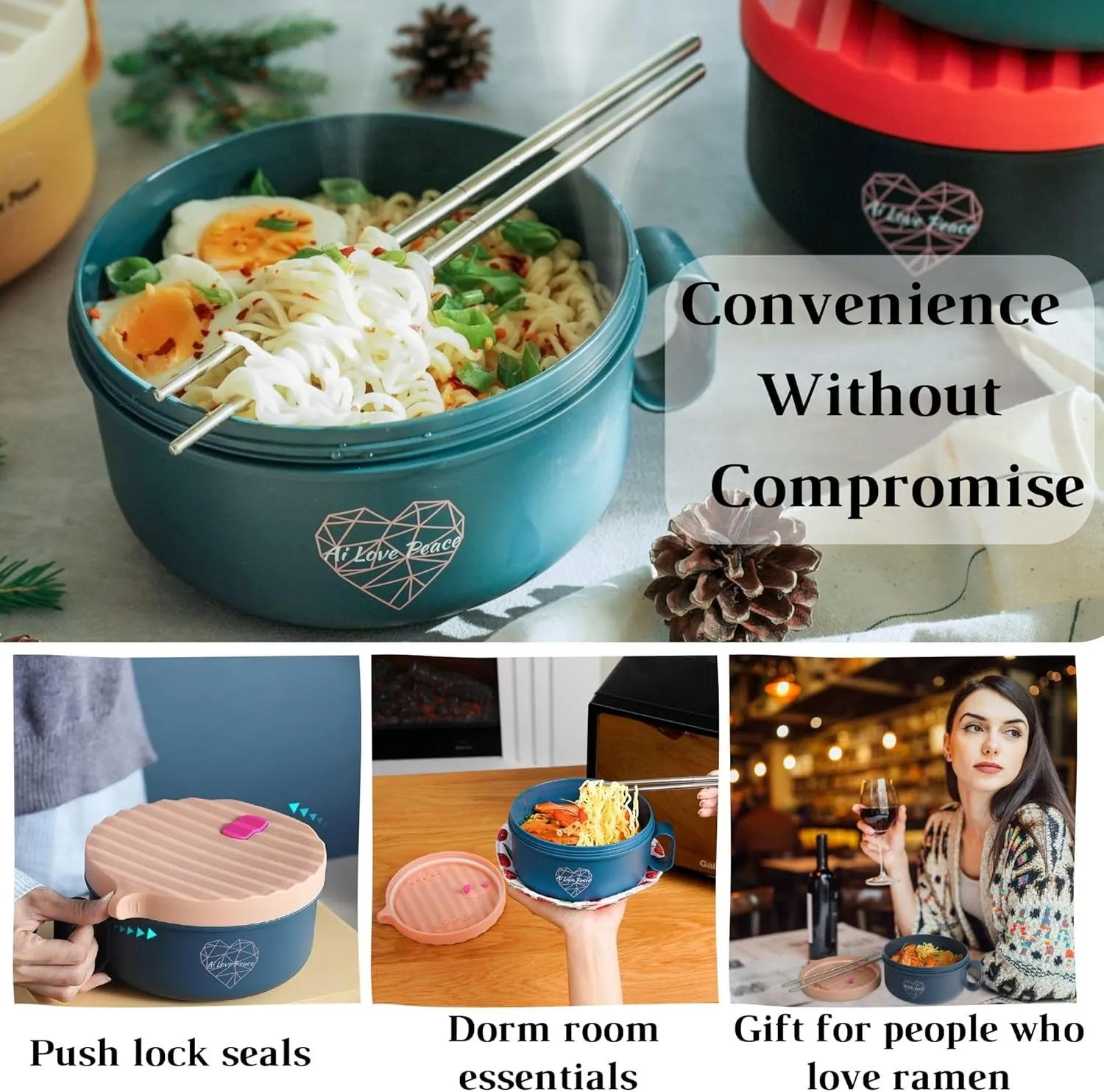 AI LOVE PEACE Ramen Bowl, 40 oz Microwaveable Noodle Cooker for Ramen, Pho, Soup, and Pasta, Dishwasher Safe and Portable, Ideal for Home, Office, Dorm, or Gift (Pink)