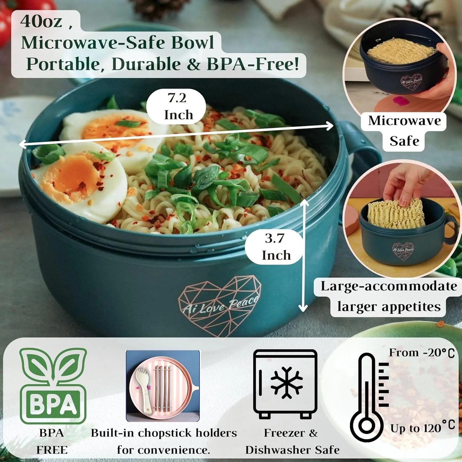 AI LOVE PEACE Ramen Bowl, 40 oz Microwaveable Noodle Cooker for Ramen, Pho, Soup, and Pasta, Dishwasher Safe and Portable, Ideal for Home, Office, Dorm, or Gift (Pink)