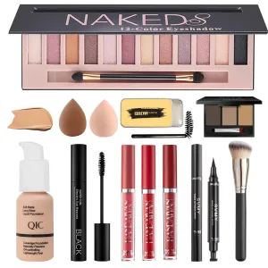 All In One Makeup Kit - Naked Eyeshadow (12 Colors), Liquid Foundation, Lipstick Set, Mascara, Makeup Brush, Sponge, Eyebrow Powder, Eyeliner Stamp (#104)
