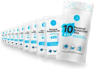 All-in-One Personal Protection Kits to GO - 10 Pack - With Plastic Gloves, Hand Cleansing Wipes, Disposable Face Mask