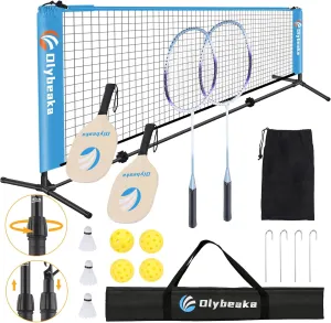 All-in-one Portable Badminton & Pickleball Net Set for Backyard Beach Driveway with Height Adjustable Poles, Durable Net, 2 Aluminum Badminton Rackets   2 Pickleball Paddles